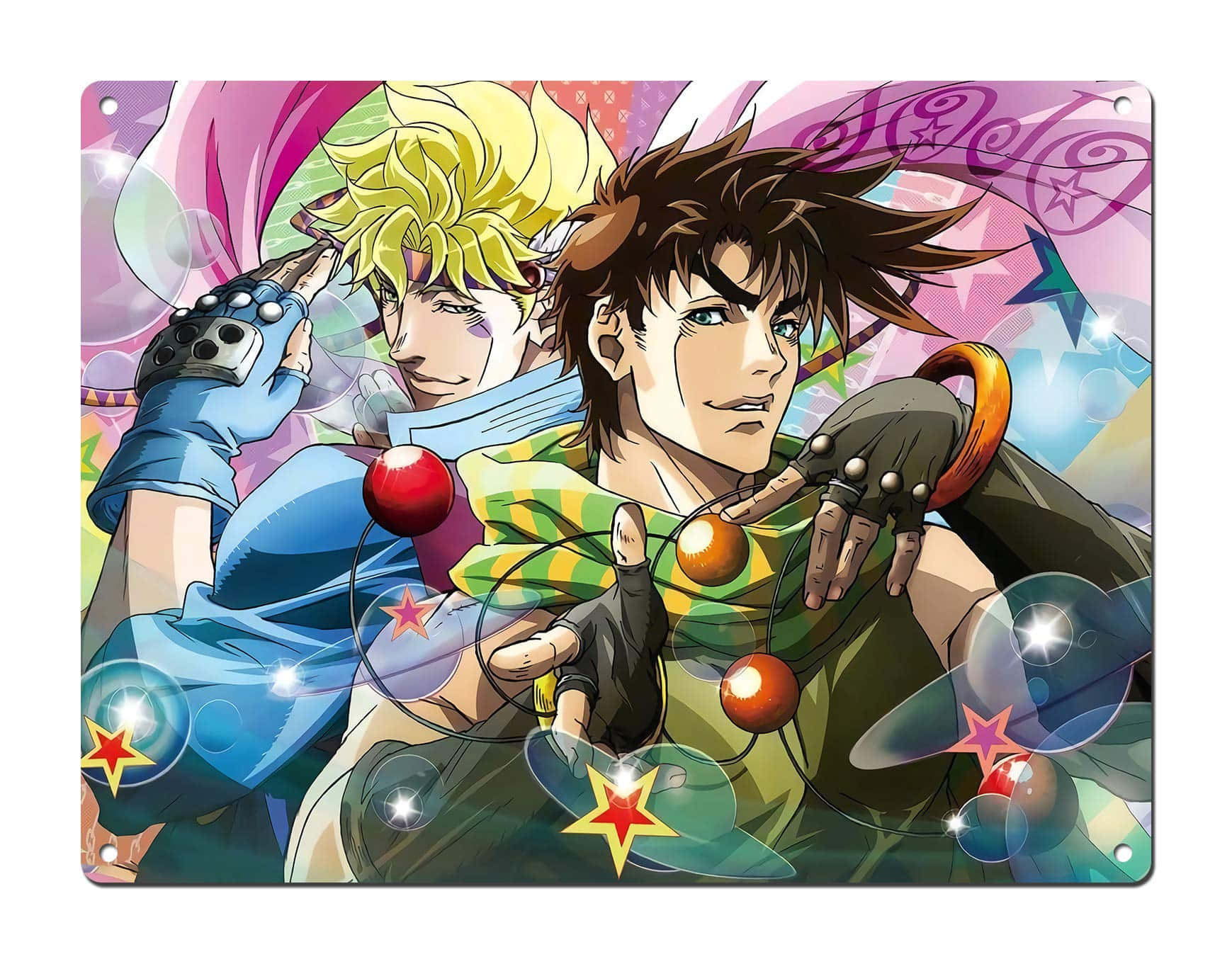 Caesar Anthonio Zeppeli 桌布 壁紙 — 兩個動漫角色，頭髮尖刺，戴著手套，在充滿活力、星光閃爍、氣泡飄浮的背景前動態擺姿勢。