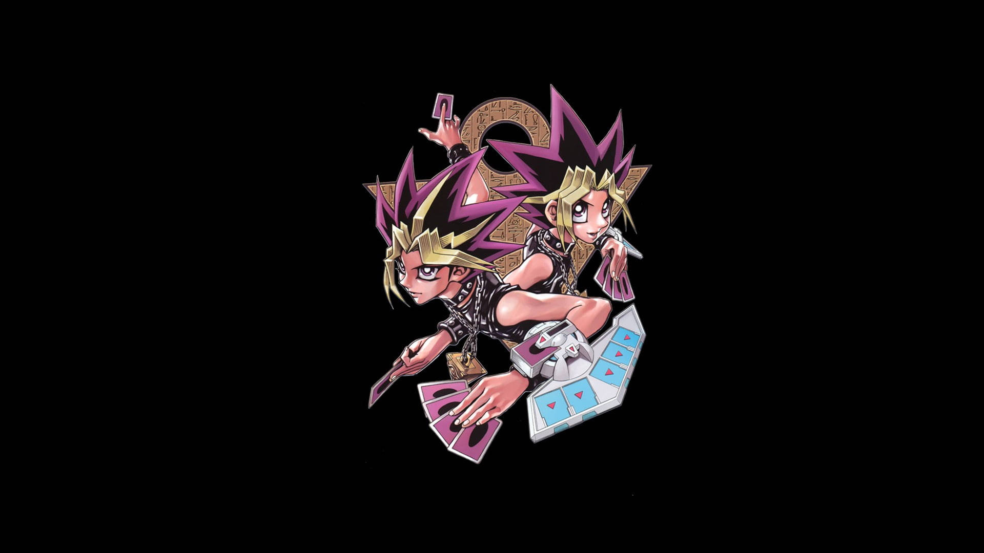 Yu Gi Oh 桌布 壁紙 — 兩個動漫角色，頭髮尖刺，手持卡牌，在黑色背景前動感擺姿勢。