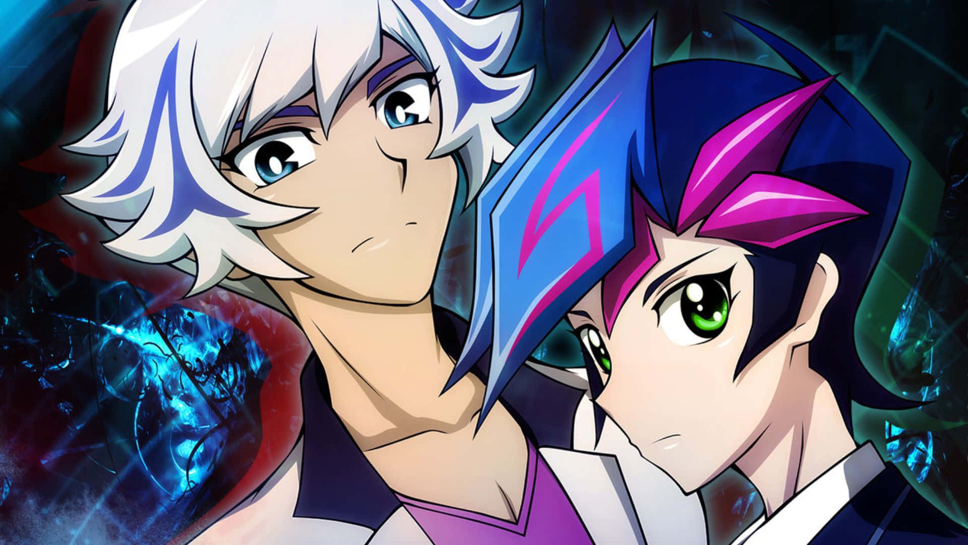Ryoken Kogami 桌布 壁紙 — 兩個動漫角色，頭髮尖刺，眼神銳利，在發光的宇宙背景下對峙。