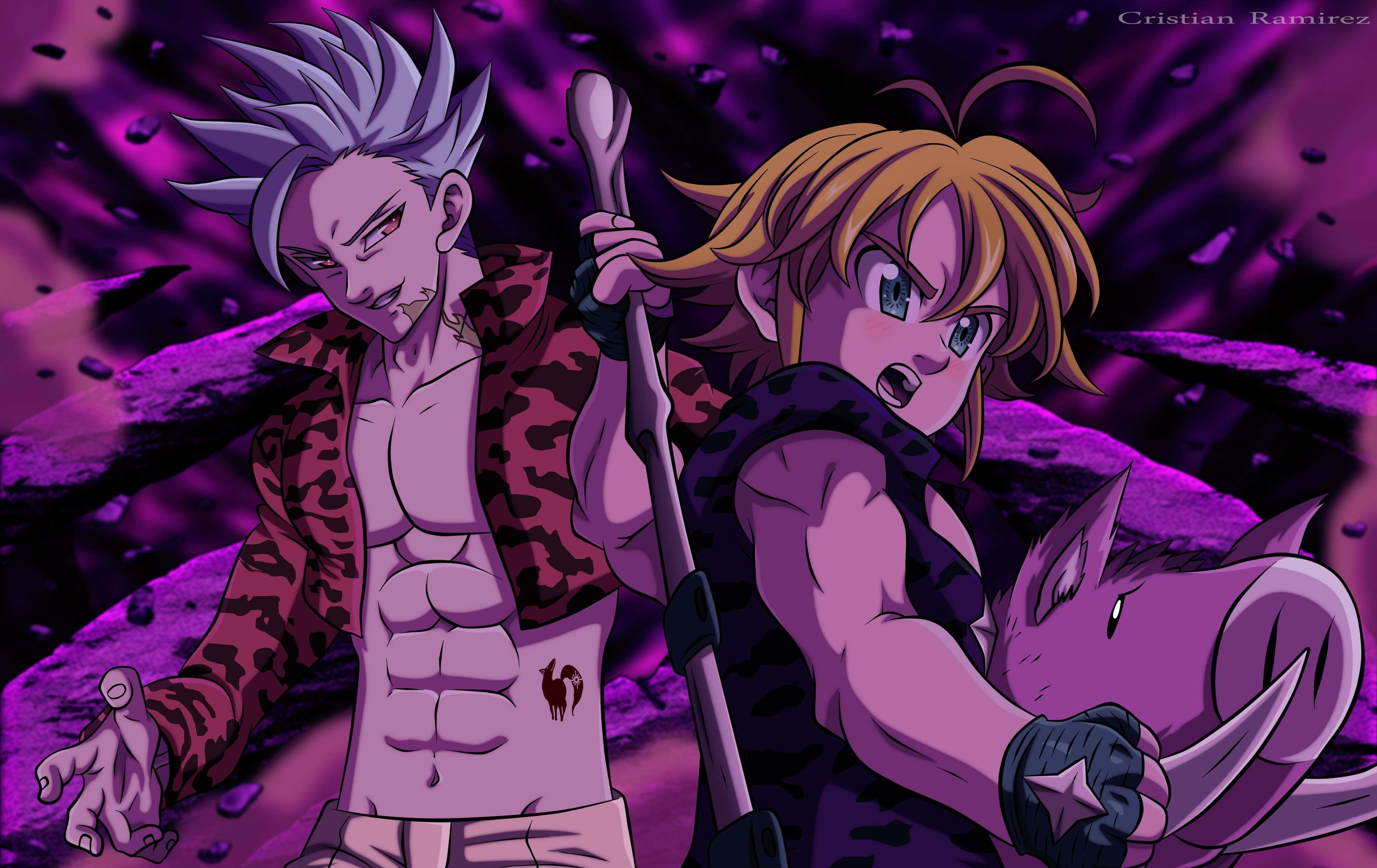 Seven Deadly Sins Ban 桌布 壁紙 — 兩個動漫角色，頭髮尖刺，站在紫色岩石景觀中，一個拿著法杖，另一個帶著一個像豬的生物。