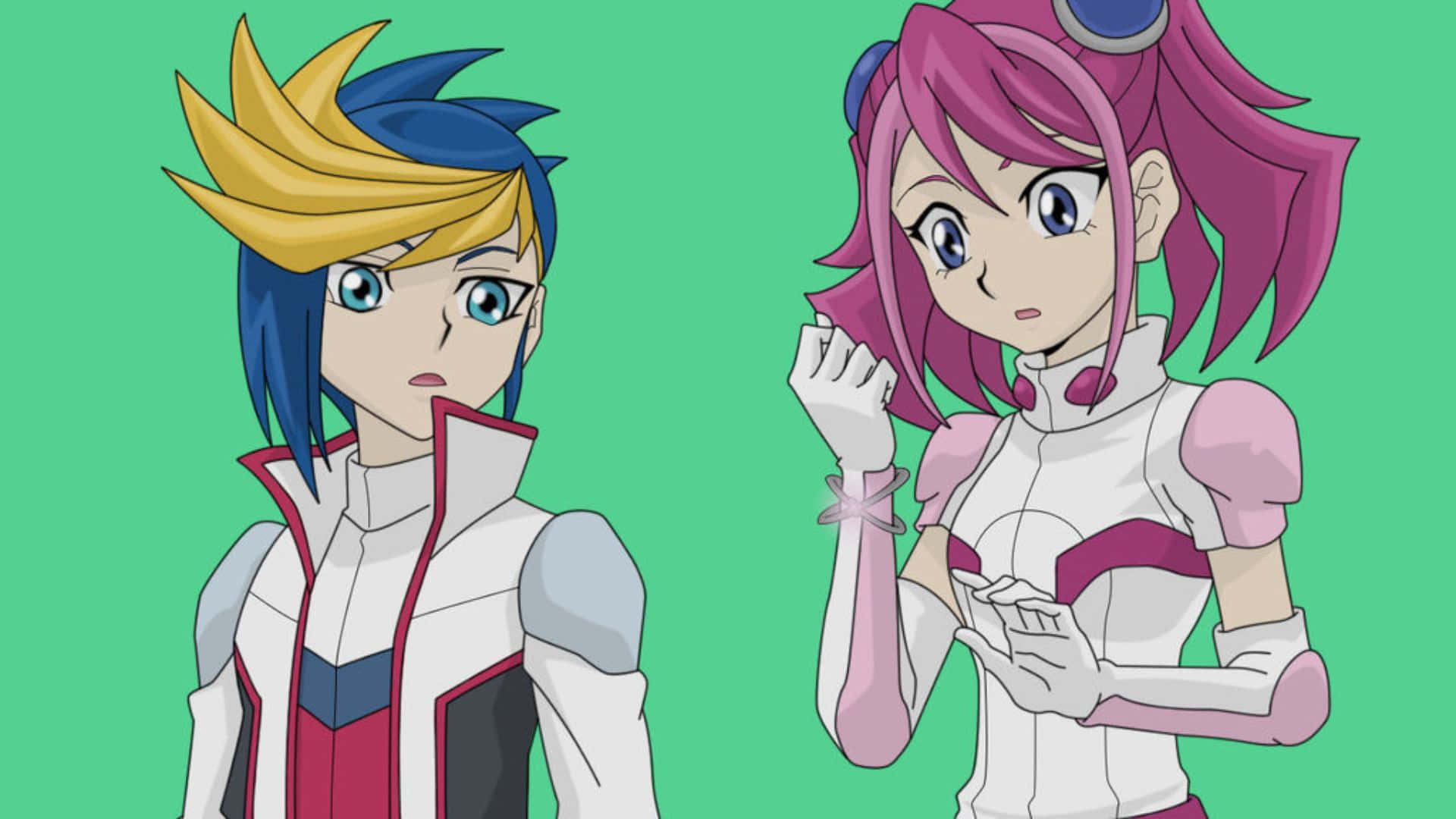 Yu-gi-oh Yugo 桌布 壁紙 — 兩個動漫角色，頭髮尖刺，身穿未來風格服裝，站在純綠色背景前。