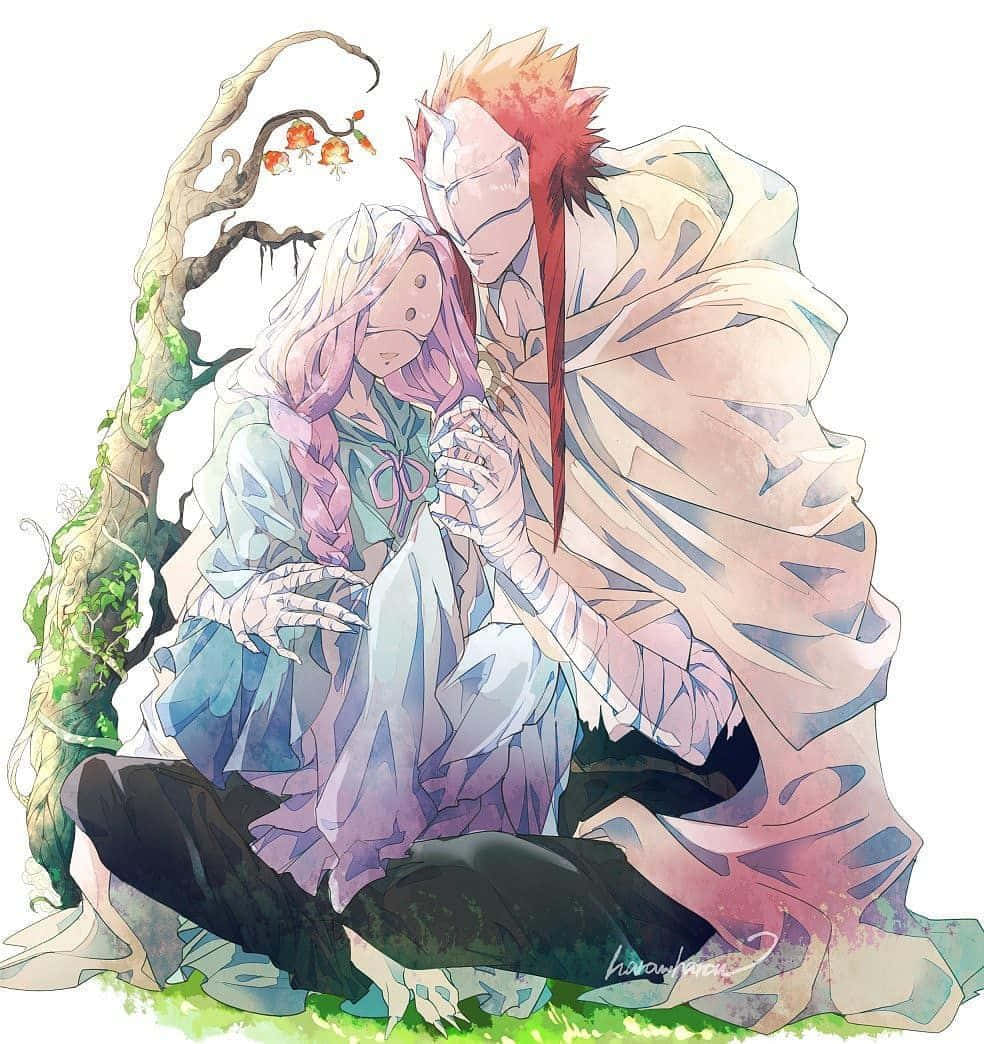 The Promised Neverland Mujika 桌布 壁紙 — 兩個動漫角色一起坐在長滿苔蘚的樹下，樹上有橙色花朵，一個有粉紅色頭髮和藍色連衣裙，另一個有紅色頭髮和飄逸的斗篷。