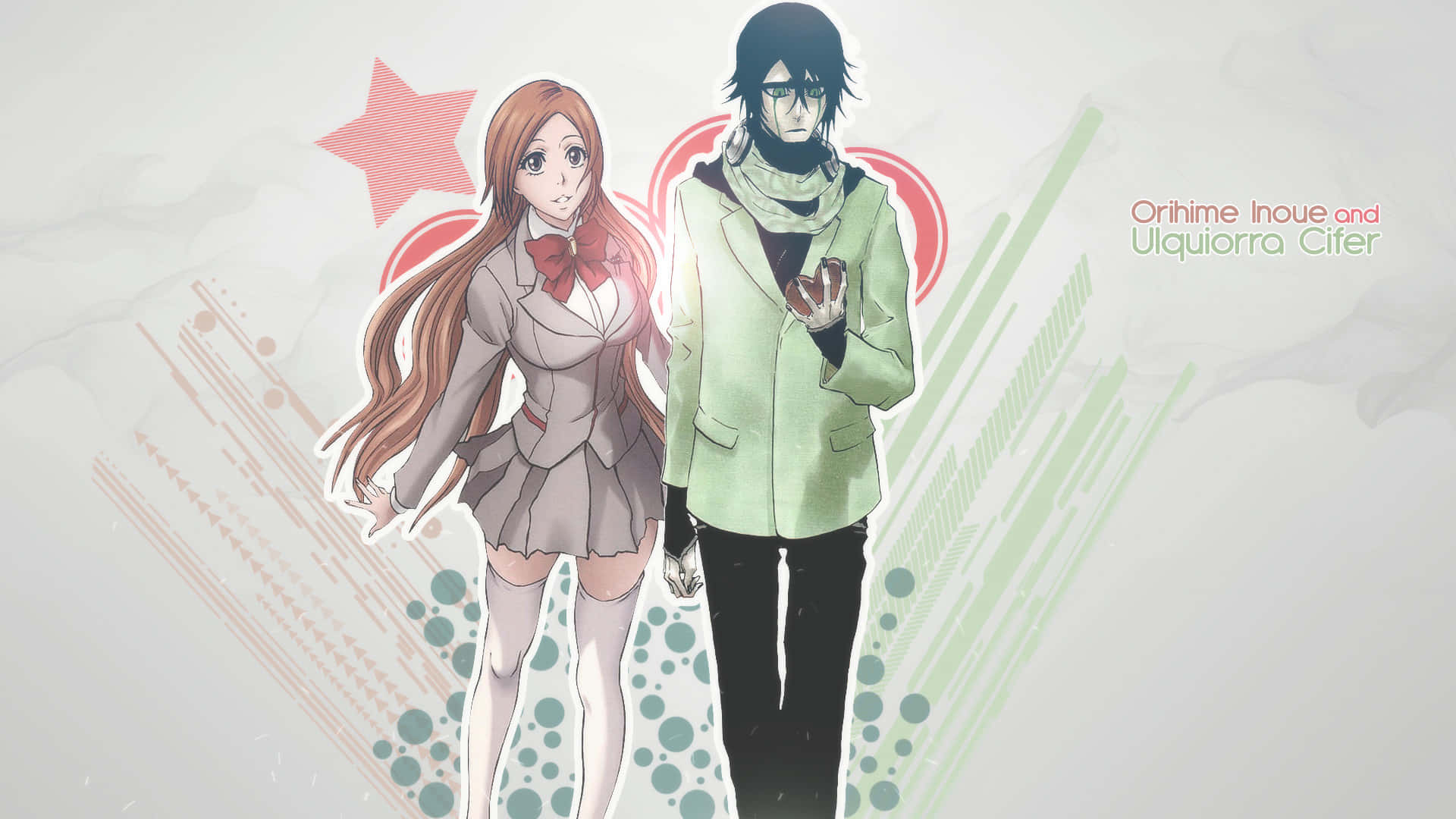 Orihime Inoue 桌布 壁紙 — 兩個動漫角色並排站在風格化的背景前，背景有紅色星星和綠色條紋。