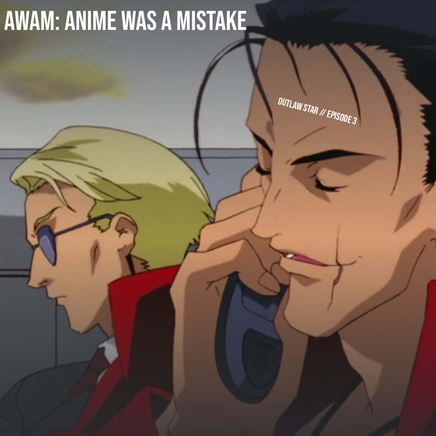 Outlaw Star 桌布 壁紙 — 兩個動漫角色並排而坐，一個拿著手機露出得意的笑容，另一個戴著眼鏡表情平靜。
