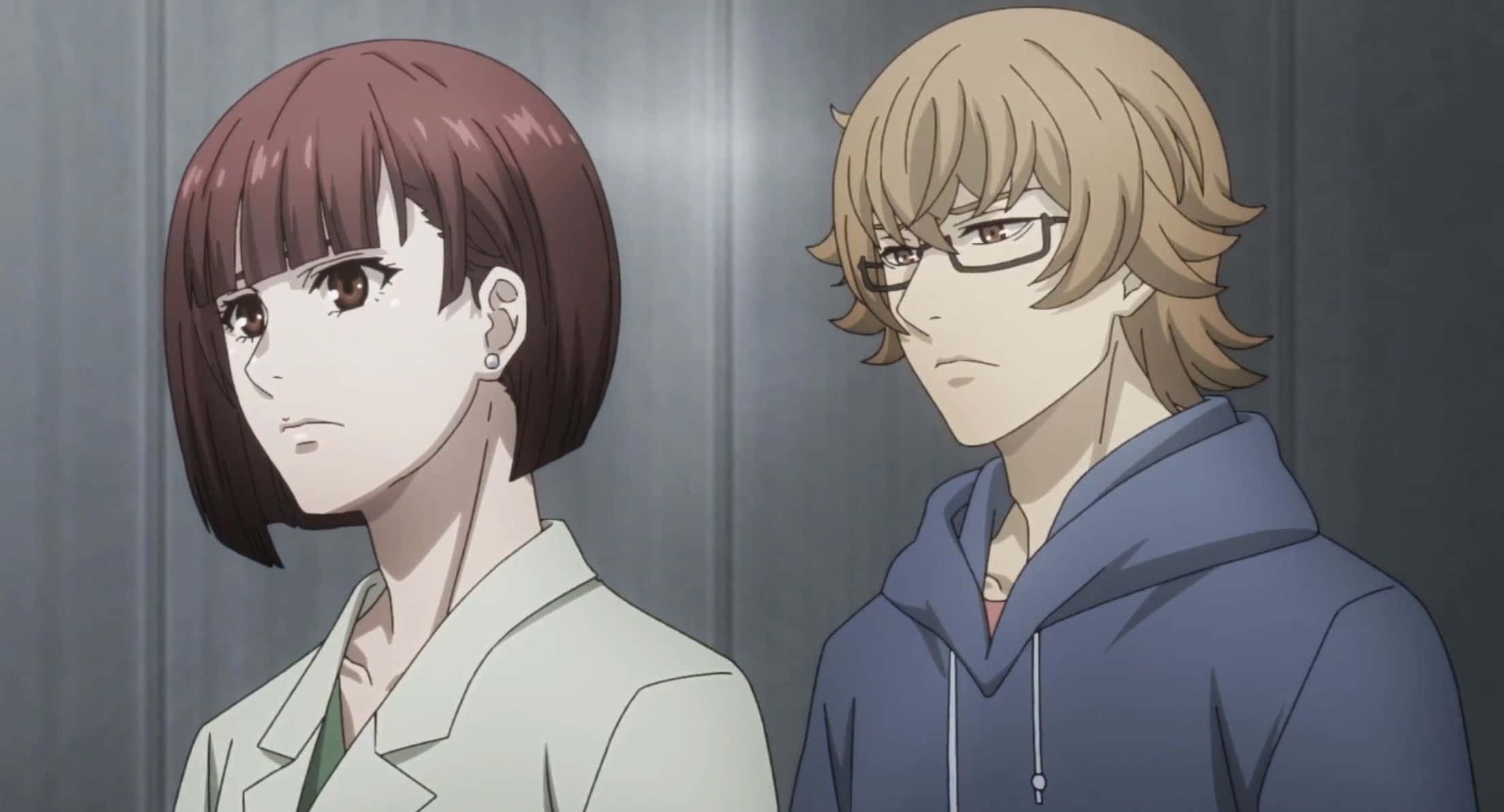 Nishiki Nishio 桌布 壁紙 — 兩個動漫角色並肩站在燈光昏暗的升降機內，表情嚴肅。