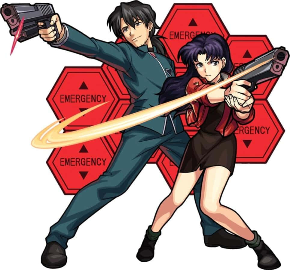 Ryoji Kaji 桌布 壁紙 — 兩個動漫角色以動作姿勢持槍射擊，發出發光光束，背景為紅色緊急六邊形。