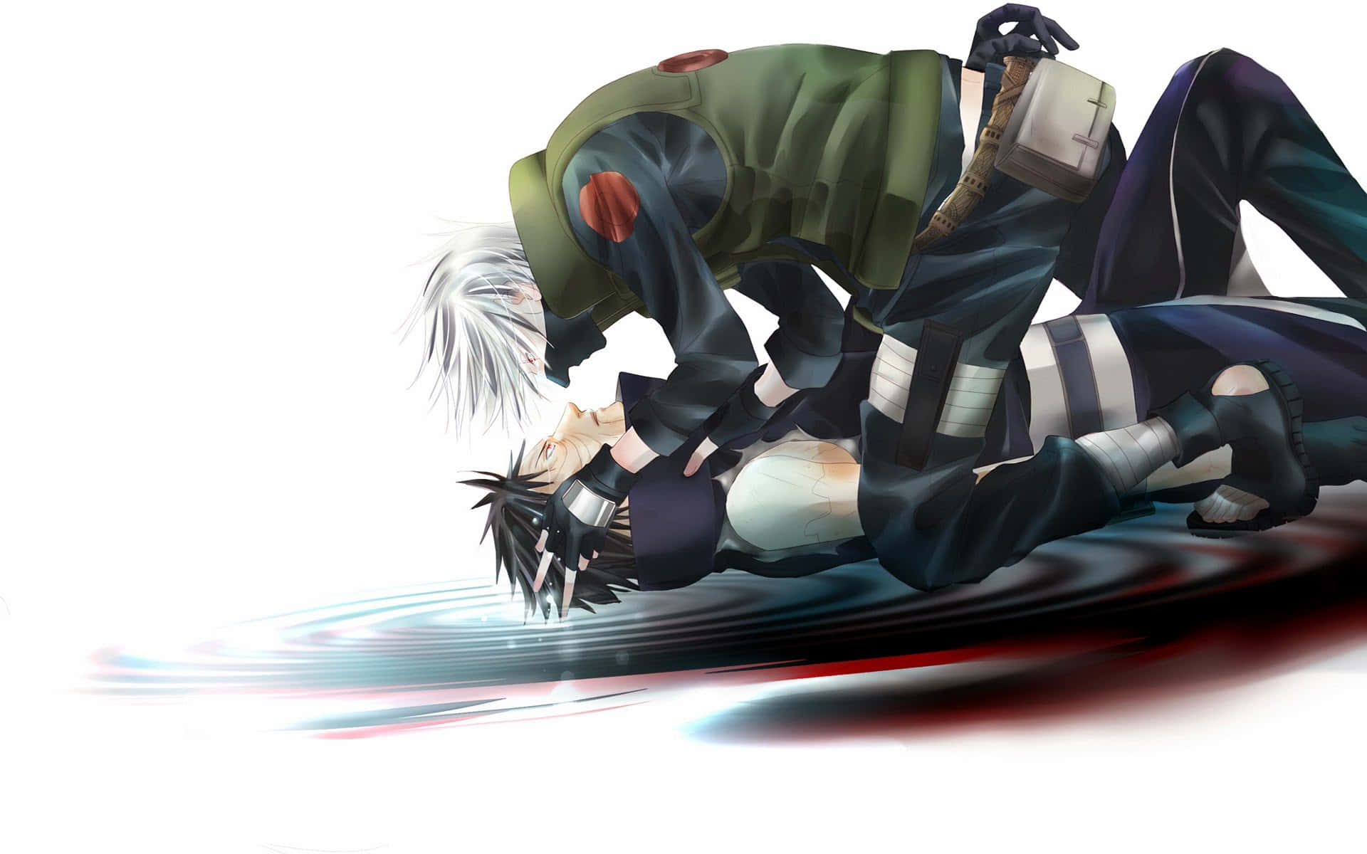 Kakashi And Tobi 桌布 壁紙 — 兩個動漫角色以動感戰鬥姿勢呈現，帶有動態模糊和風格化能量效果，背景為純白色。