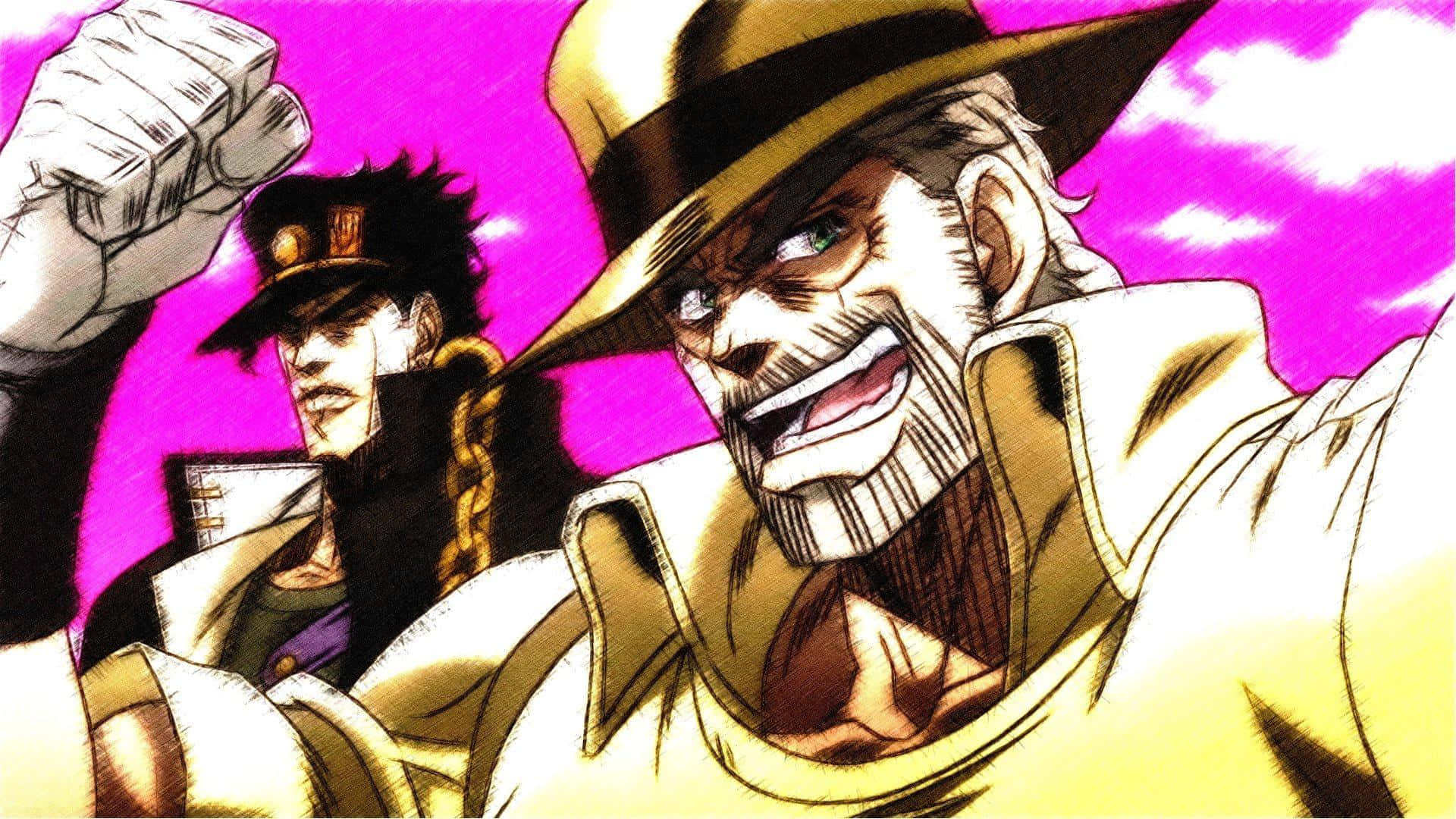 joseph joestar 桌布 壁紙 — 兩個動漫角色以動態姿勢，在充滿活力的粉紅色天空下展現強烈表情。