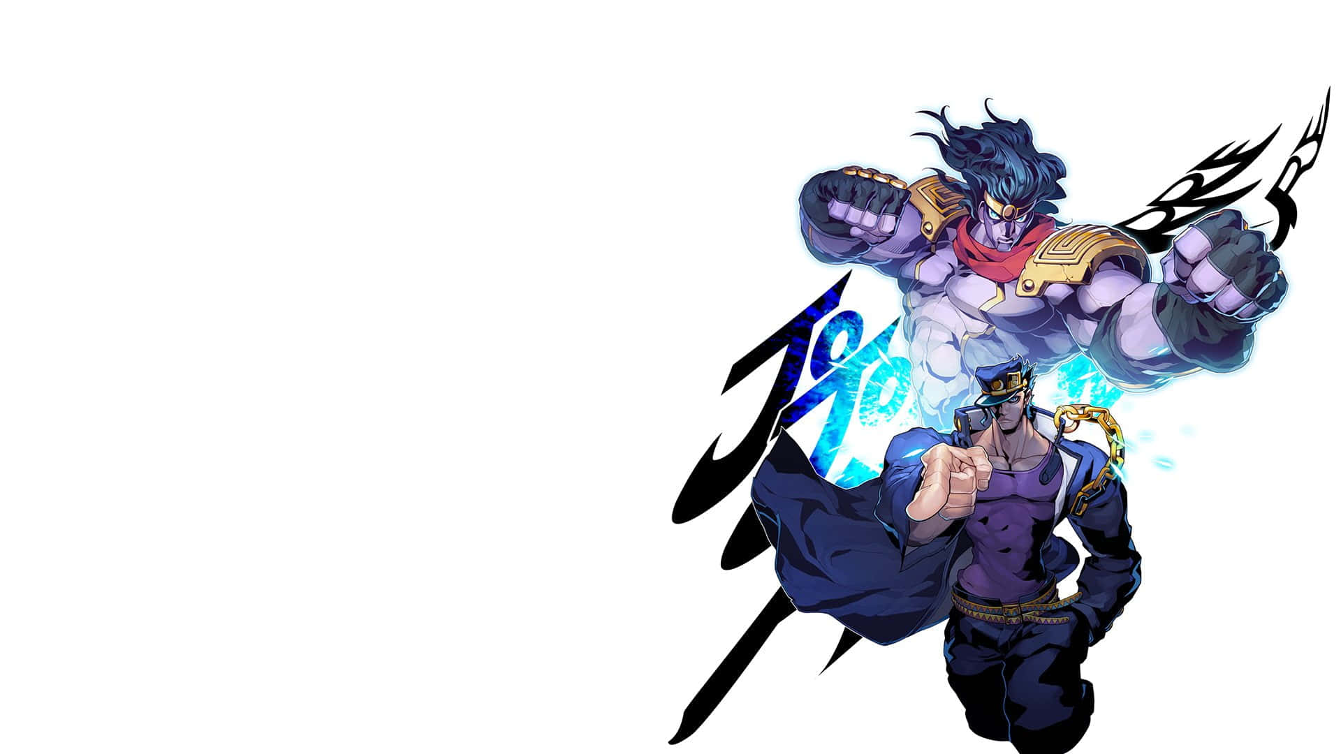 Jotaro Kujo 桌布 壁紙 — 兩個動漫角色以動態姿勢呈現，帶有發光的藍色能量和粗體黑色風格文字，背景為白色。