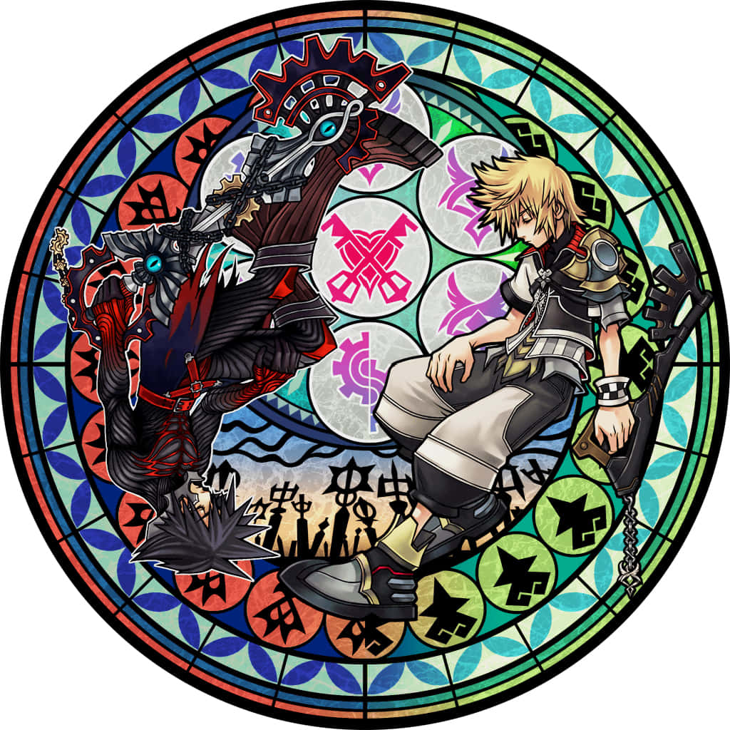 Kingdom Hearts Ventus 桌布 壁紙 — 兩個動漫角色以動態姿勢呈現，鑲嵌在色彩繽紛的彩繪玻璃窗設計中，帶有幾何圖案和符號。