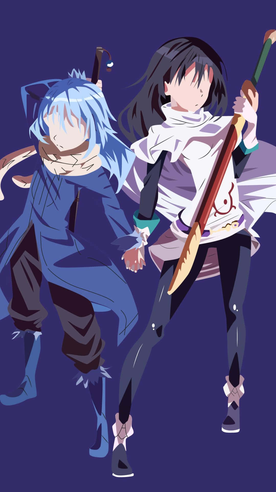 That Time I Got Reincarnated As A Slime 桌布 壁紙 — 兩個動漫角色以動態姿勢手持武器，背景為深紫色。