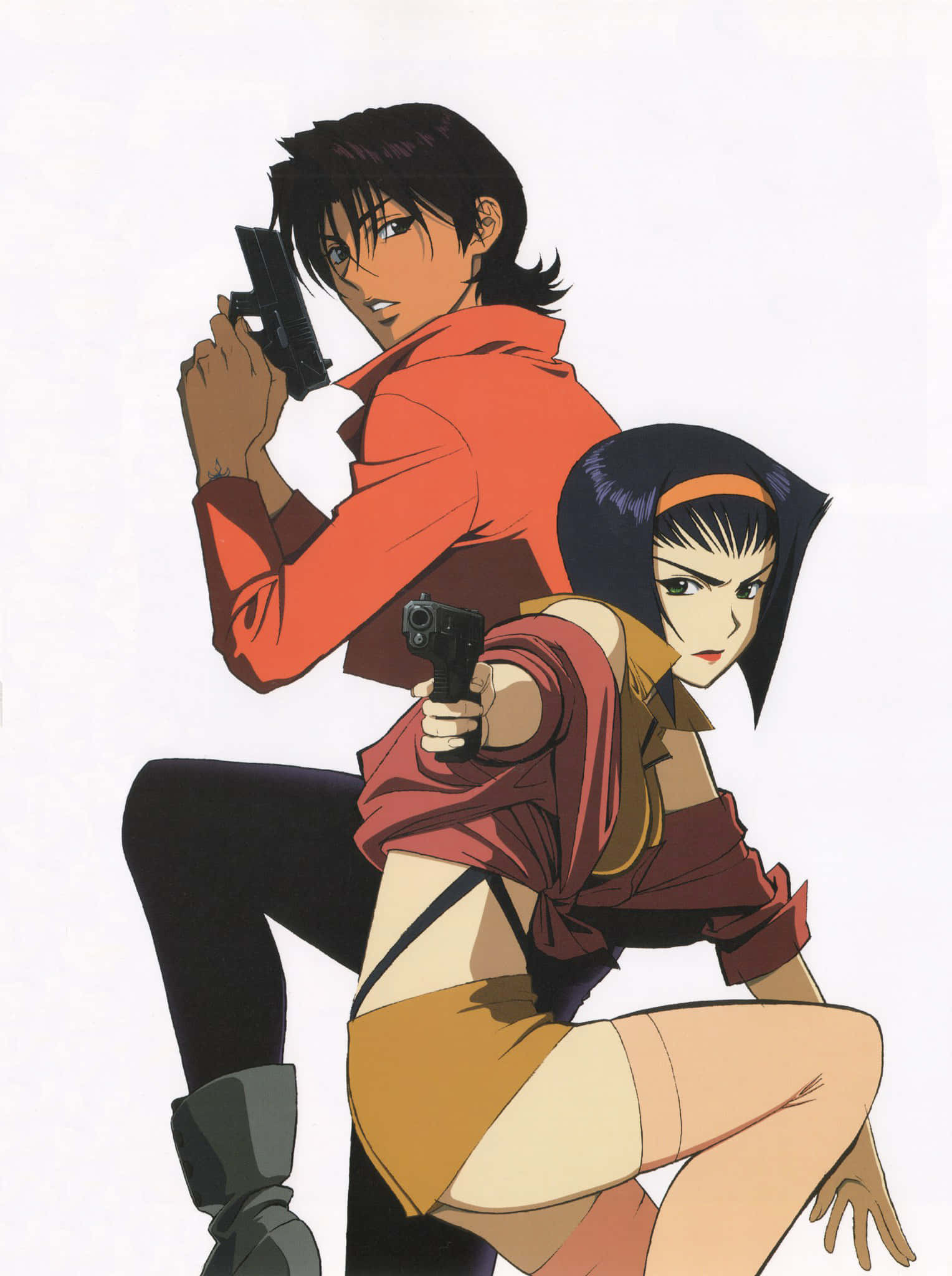 Cowboy Bebop Electra 桌布 壁紙 — 兩個動漫角色以動態姿勢瞄準手槍，背景為純白色，表情強烈。