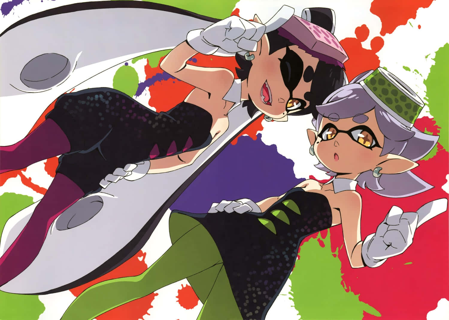 splatoon 桌布 壁紙 — 兩個動漫角色以動態姿勢站在充滿活力的顏料飛濺背景前。