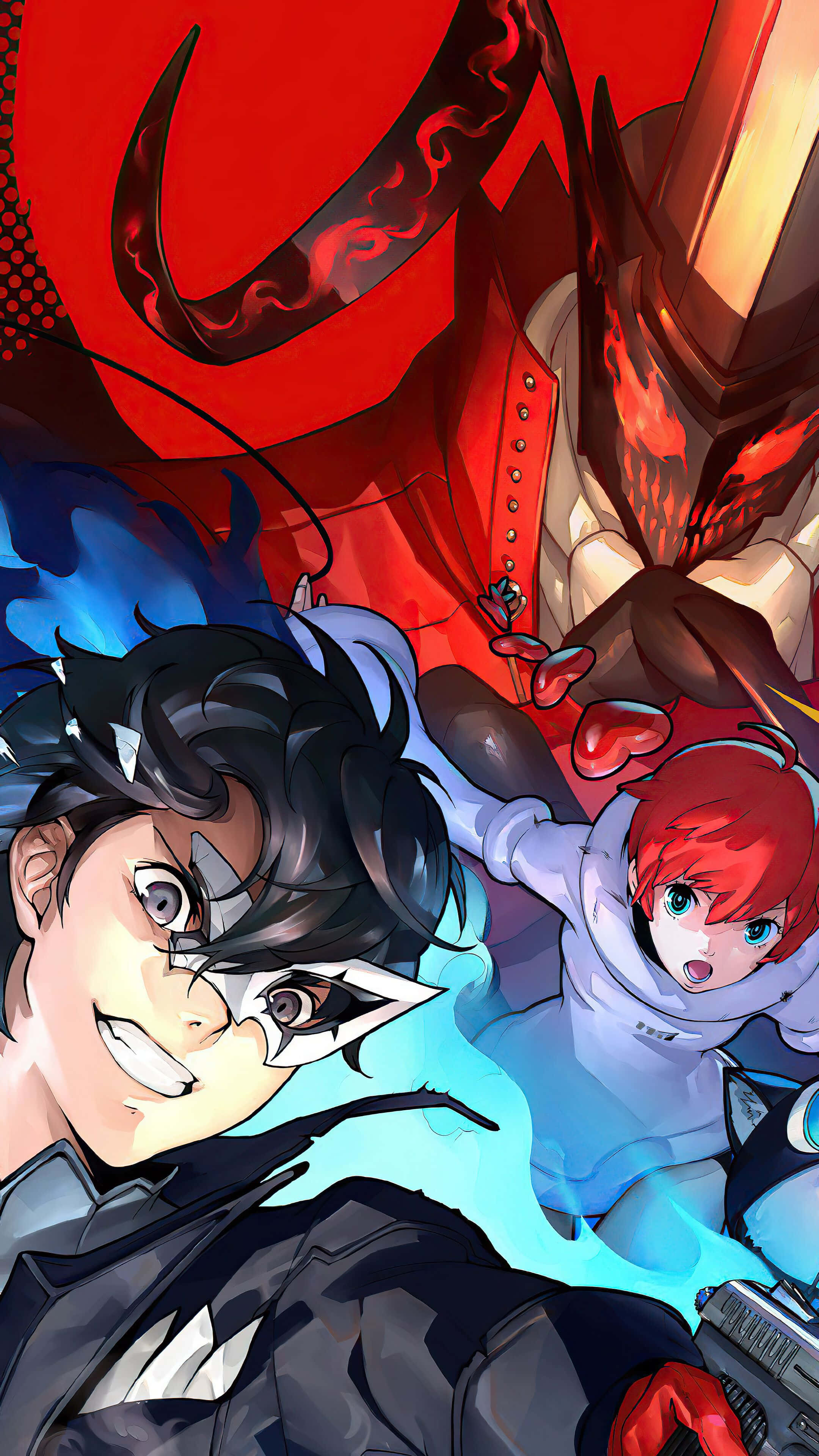 Persona 5 Strikers 桌布 壁紙 — 兩個動漫角色以動態姿勢被紅色和藍色能量包圍，背景是火焰般的場景。