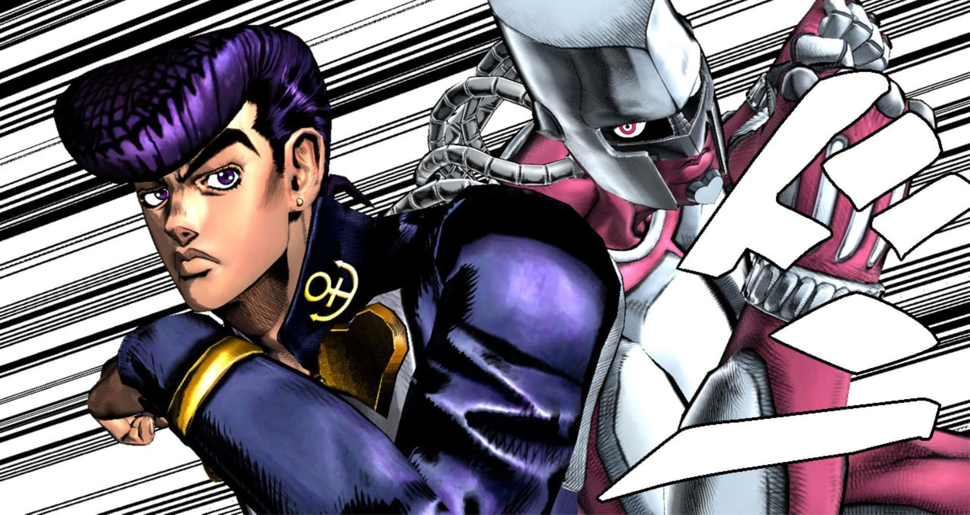 Josuke Higashikata 桌布 壁紙 — 兩個動漫角色以動態戰鬥姿勢呈現，帶有醒目的黑白速度線和戲劇性的表情。