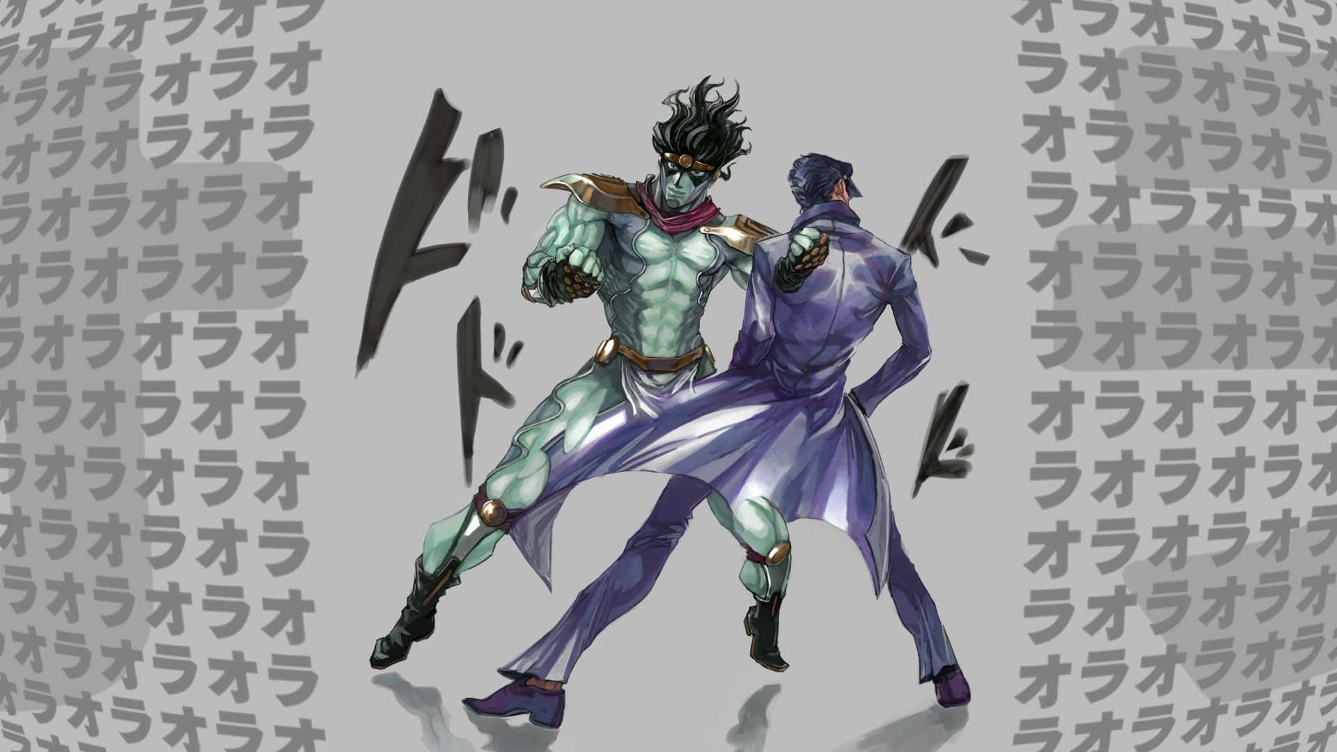 Jotaro Kujo 桌布 壁紙 — 兩個動漫角色以動態戰鬥姿勢呈現，帶有動作線條和日文字，背景為灰色。