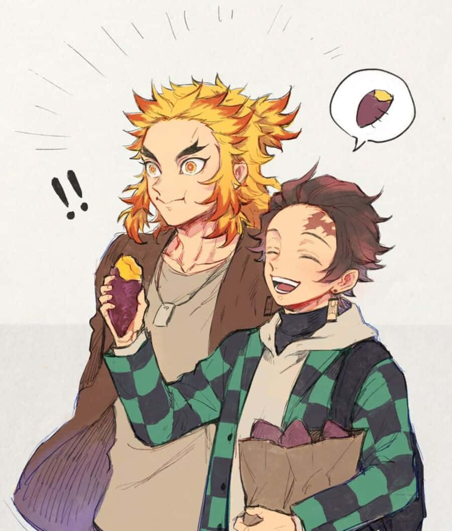 Rengoku And Tanjiro 桌布 壁紙 — 兩個動漫角色以富表現力的臉孔和動態線條，分享一個關於番薯的歡樂時刻。