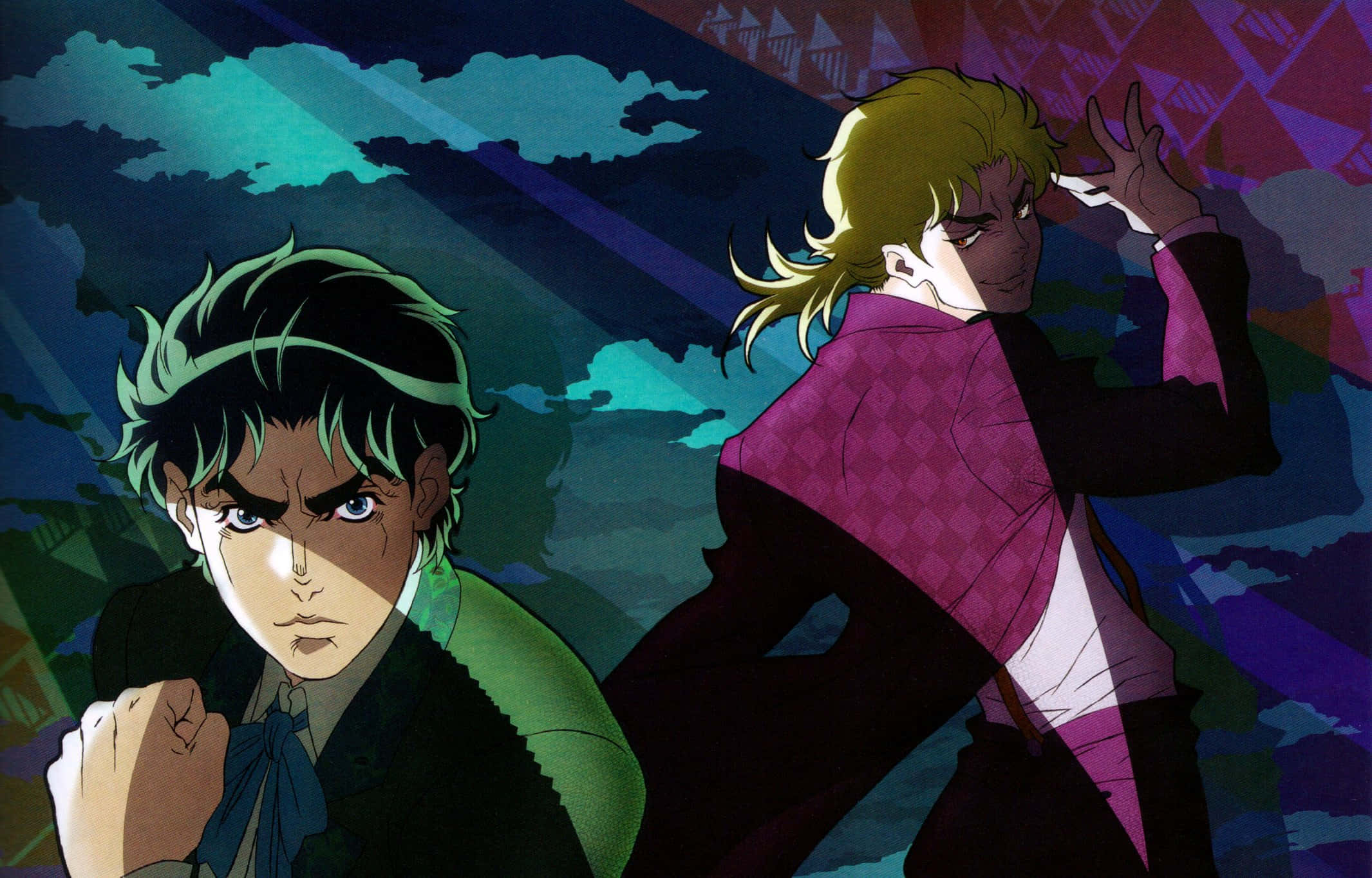 Phantom Blood 桌布 壁紙 — 兩個動漫角色以戲劇性的姿勢站在風格化的青綠色和紫色天空前，天空中有棱角分明的雲朵。