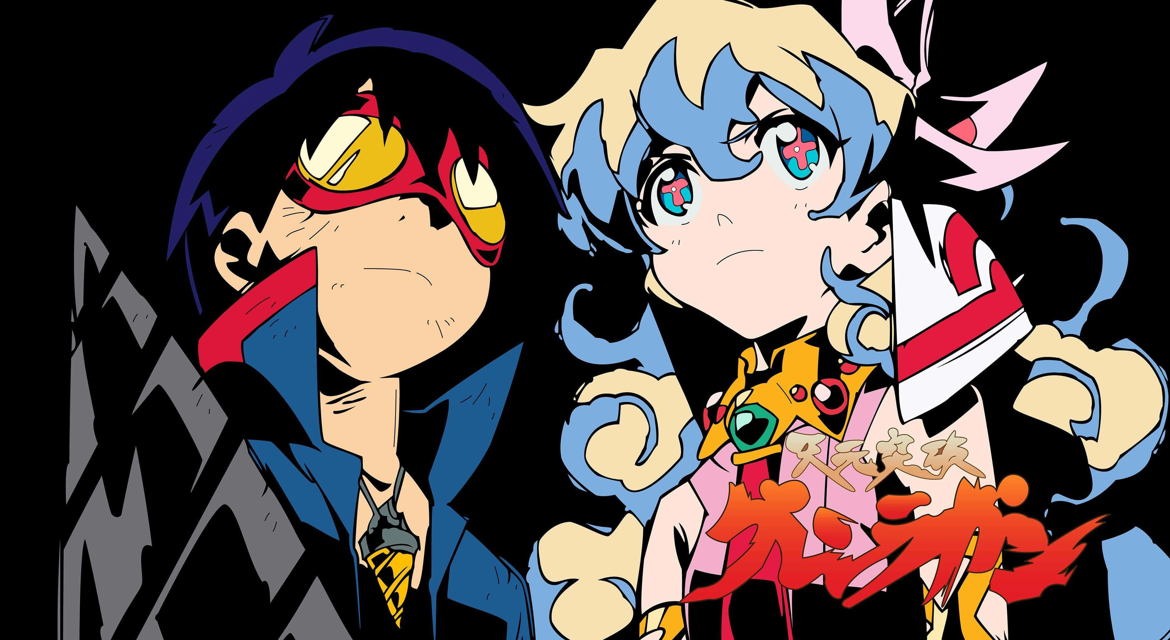 Gurren Lagann Simon 桌布 壁紙 — 兩個動漫角色以鮮豔色彩和動感姿勢站在黑色背景前，背景有鋸齒狀灰色形狀。