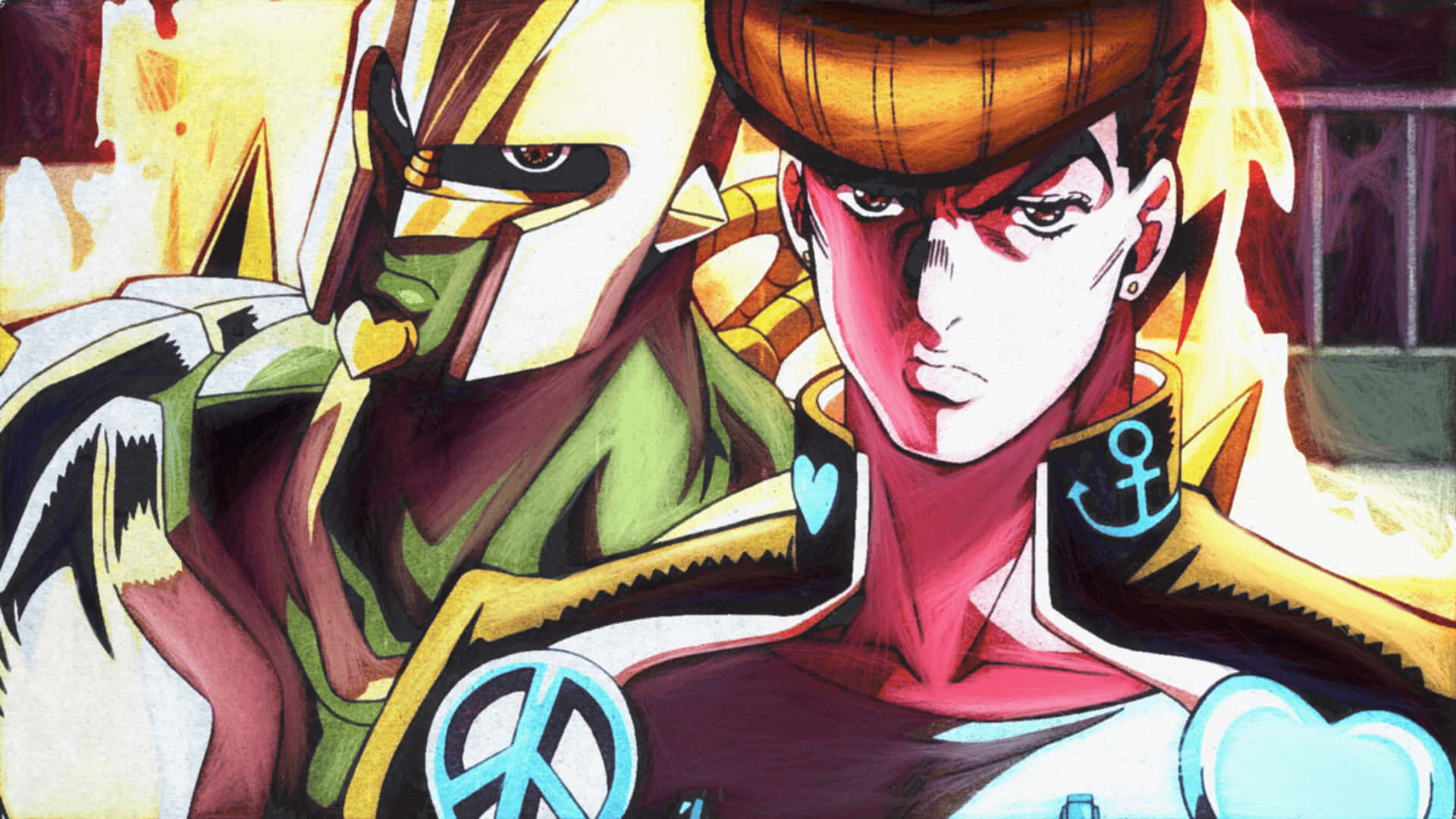Josuke Higashikata 桌布 壁紙 — 兩個動漫角色以鮮豔色彩和銳利線條，在熾熱背景前強烈凝視。