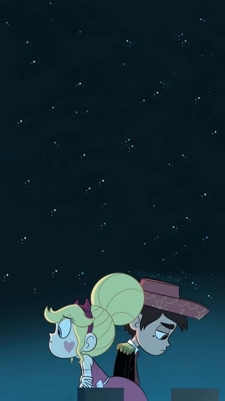 星蝶公主 桌布 壁紙 — 兩個動漫角色仰望繁星點點的夜空，氣氛寧靜而沉思。