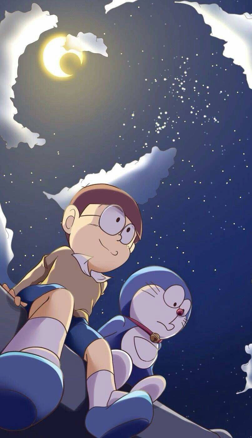 動畫手機GIF 桌布 壁紙 — 兩個動漫角色仰望被發光雲朵框住的彎月和星空夜空。