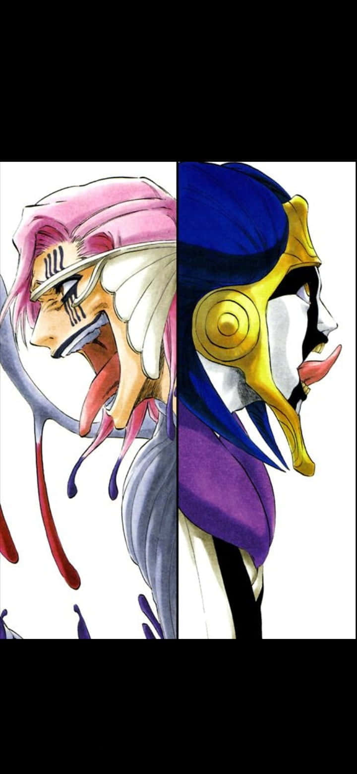 Mayuri Kurotsuchi 桌布 壁紙 — 兩個動漫角色側面垂直分割，一個有粉紅色頭髮和紅色液體，另一個有藍色頭髮和金色面具。