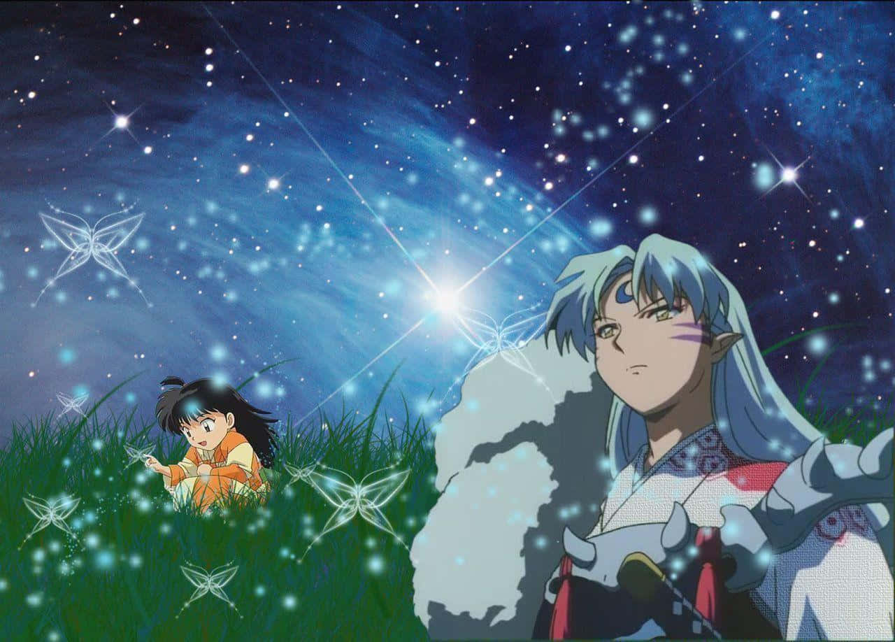 Sesshomaru 桌布 壁紙 — 兩個動漫角色凝視著佈滿螢光蝴蝶的星空夜空，下方是一片草地。