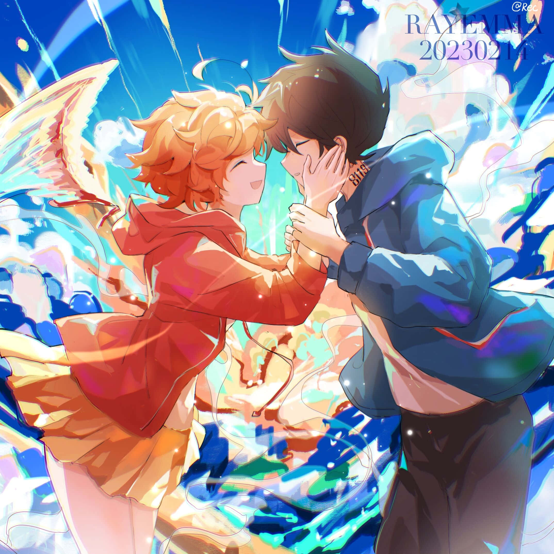 The Promised Neverland Ray 桌布 壁紙 — 兩個動漫角色喺充滿活力嘅抽象背景（旋轉嘅藍色同橙色）中溫暖地擁抱。