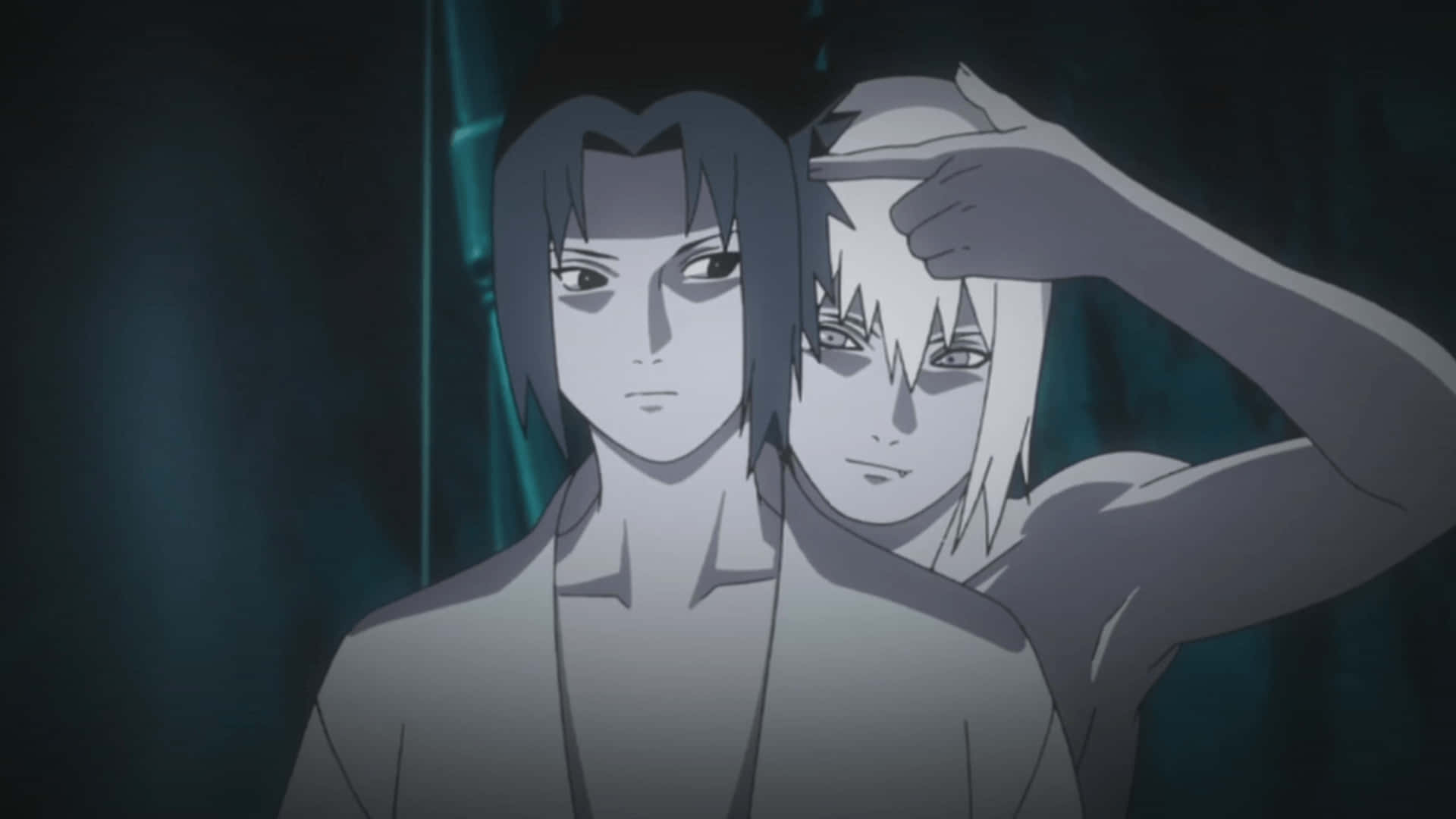 Suigetsu Hozuki 桌布 壁紙 — 兩個動漫角色喺昏暗場景中企得好近，背景有青綠色光芒，一隻手放喺對方頭上。