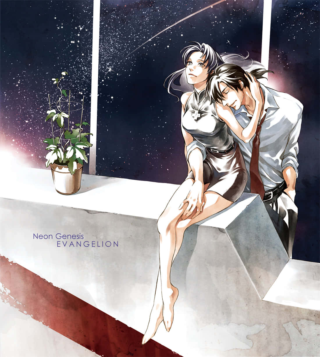 Ryoji Kaji 桌布 壁紙 — 兩個動漫角色喺星空下嘅屋頂邊緣擁抱，附近有一盆盆栽。