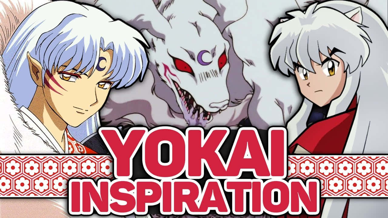 Inuyasha Yokai 桌布 壁紙 — 兩個動漫角色喺有圖案嘅旗幟背景下，左右夾住一個紅色眼睛、尖牙利齒嘅威脅性白色妖怪。