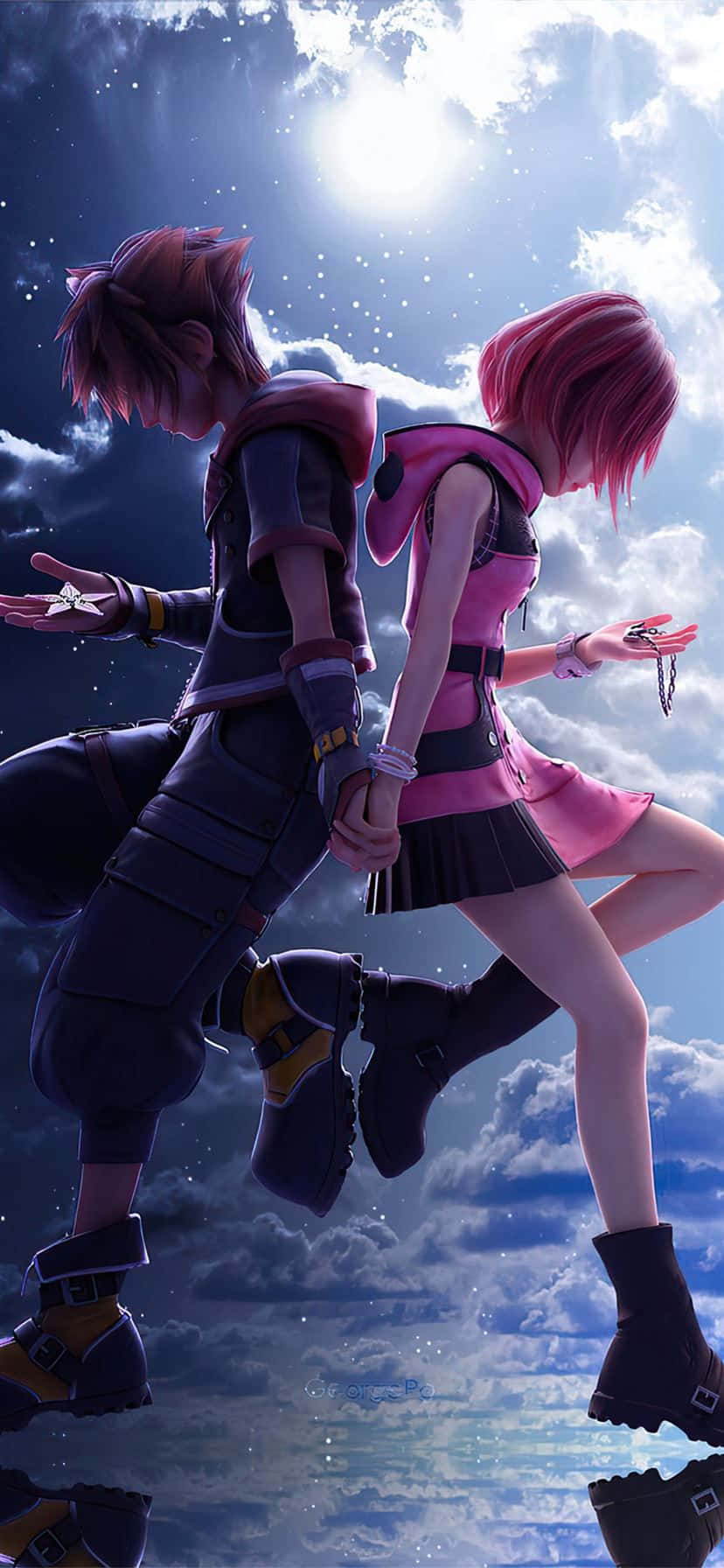Kingdom Hearts Kairi 桌布 壁紙 — 兩個動漫角色喺空中拖住手，背景係明亮嘅陽光天空，有 fluffy 雲同閃爍粒子。