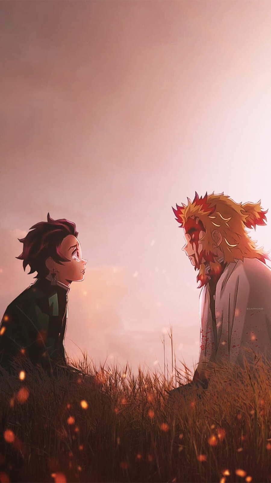 Rengoku And Tanjiro 桌布 壁紙 — 兩個動漫角色喺高草叢中面對面坐喺溫暖發光嘅天空下，有浮動嘅火花。