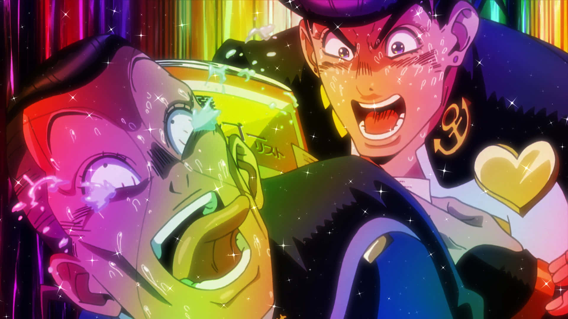 Josuke Higashikata 桌布 壁紙 — 兩個動漫角色在一個充滿活力、閃閃發光的場景中，表情誇張，燈光色彩繽紛。