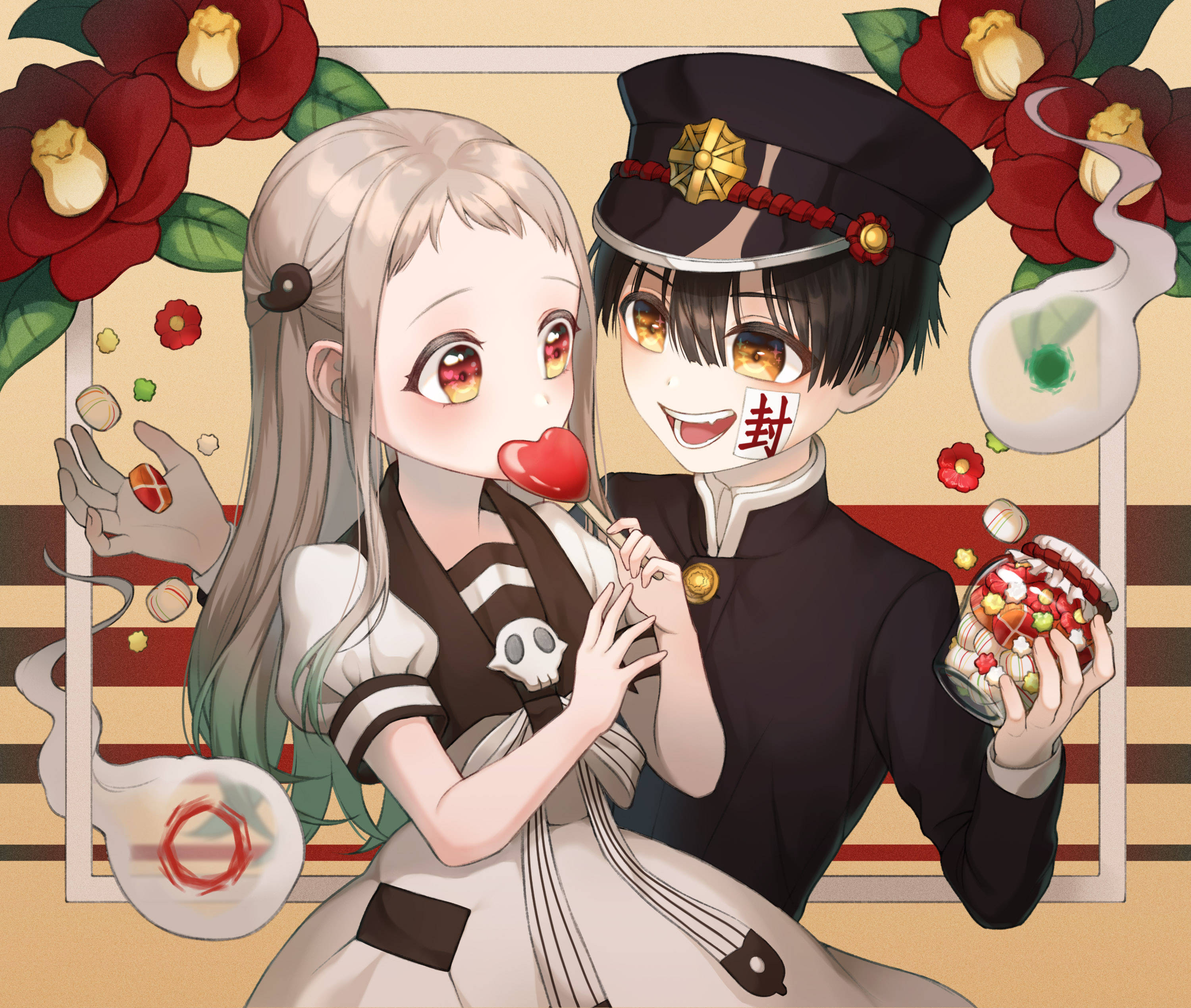 hanako 桌布 壁紙 — 兩個動漫角色在一個夢幻的插圖場景中，與糖果和花朵分享快樂的時刻。