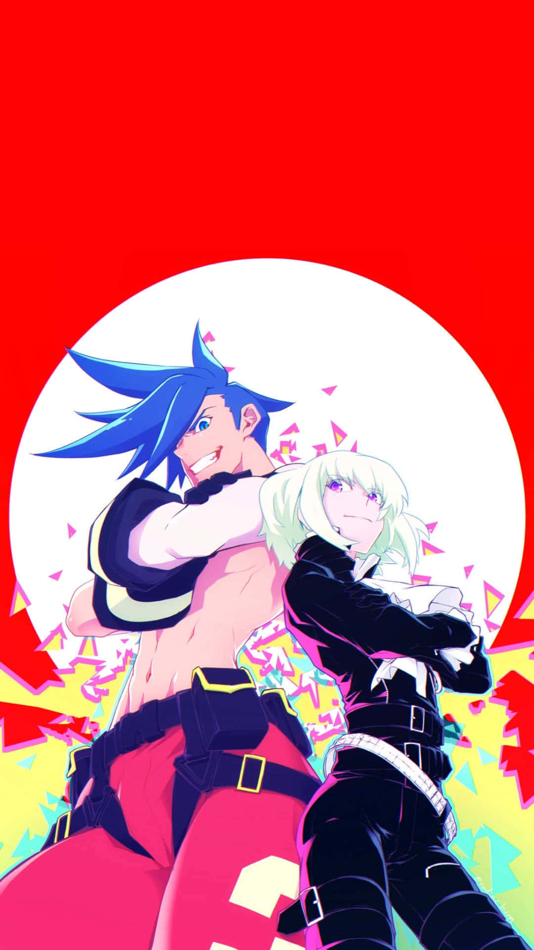 Promare 桌布 壁紙 — 兩個動漫角色在一個帶有白色圓圈和彩色碎片的醒目紅色背景前動態擺姿勢。