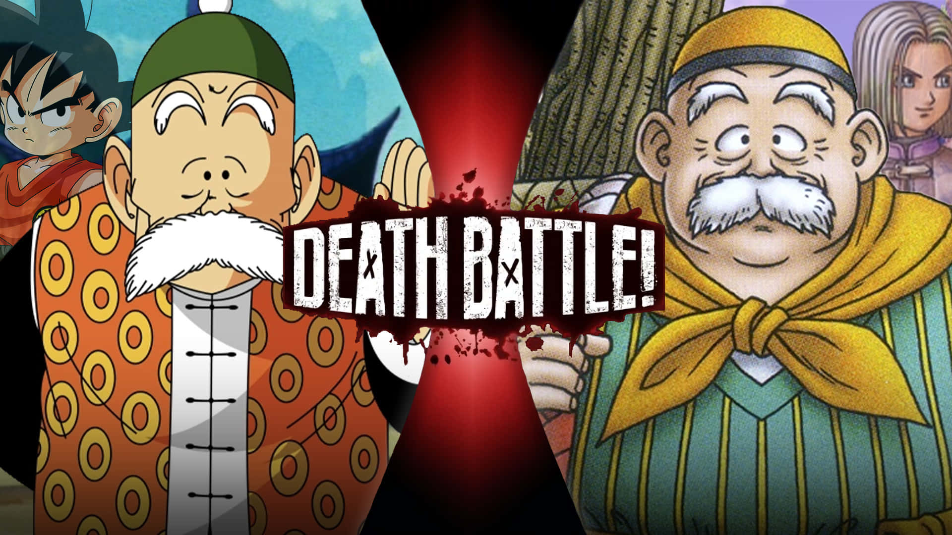 Grandpa Gohan 桌布 壁紙 — 兩個動漫角色在一個戲劇性的分屏戰鬥場景中對峙，帶有醒目的紅色能量和「Death Battle!」標誌。