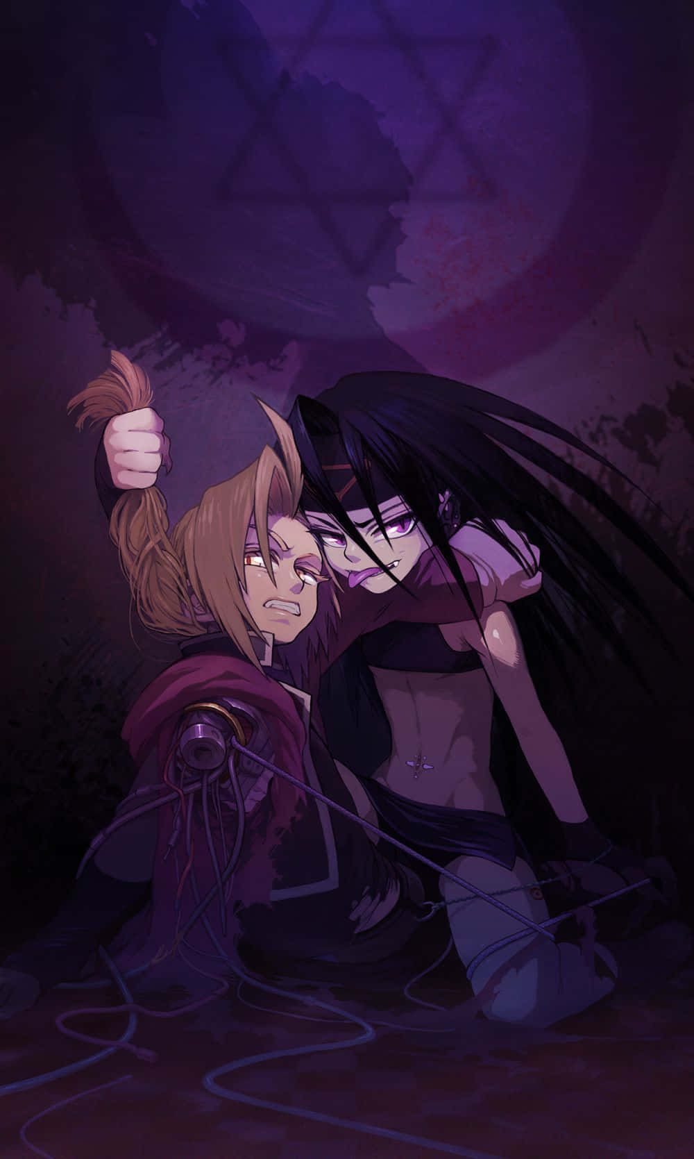Fullmetal Alchemist Envy 桌布 壁紙 — 兩個動漫角色在一個深紫色的房間裡，一個長黑髮的俯身靠近另一個被綁住並掙扎的棕髮角色。