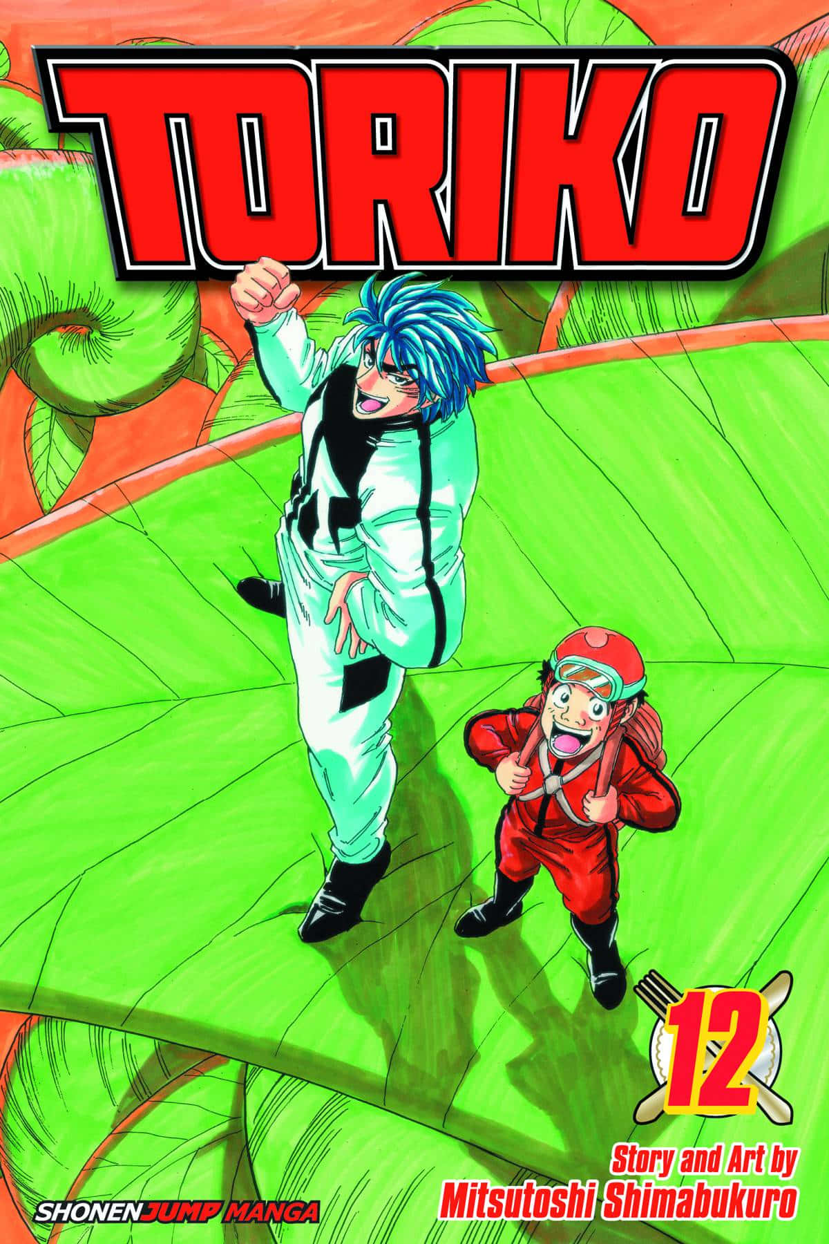 Toriko 桌布 壁紙 — 兩個動漫角色在一片巨大的綠葉上勝利地站立，背景是充滿活力的叢林環境。