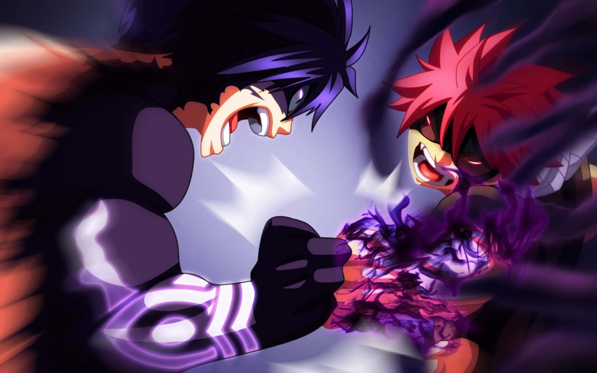 Gray Fullbuster 桌布 壁紙 — 兩個動漫角色在充滿動感的戰鬥中碰撞，散發著發光的能量和強烈的表情。