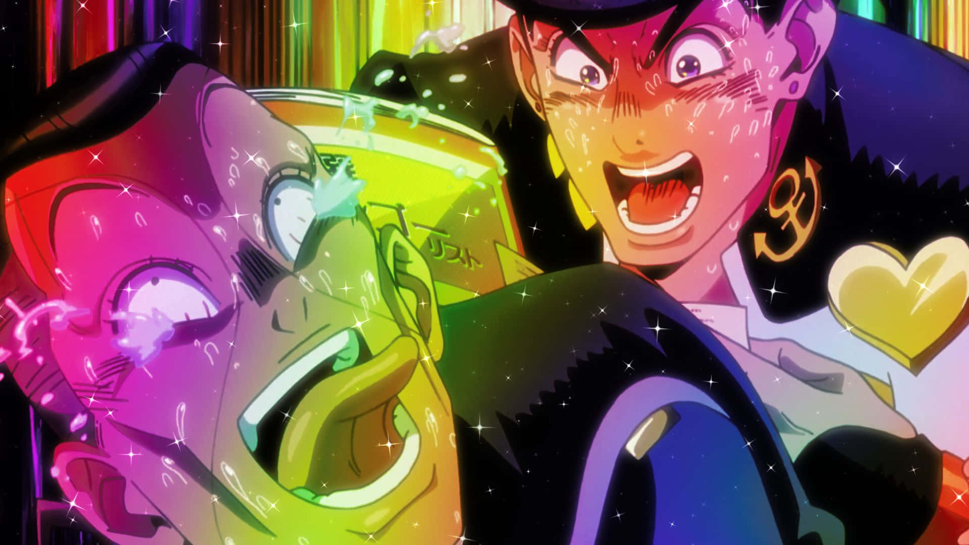 Okuyasu Nijimura 桌布 壁紙 — 兩個動漫角色在充滿活力、閃閃發光的場景中，表情誇張，燈光色彩繽紛。