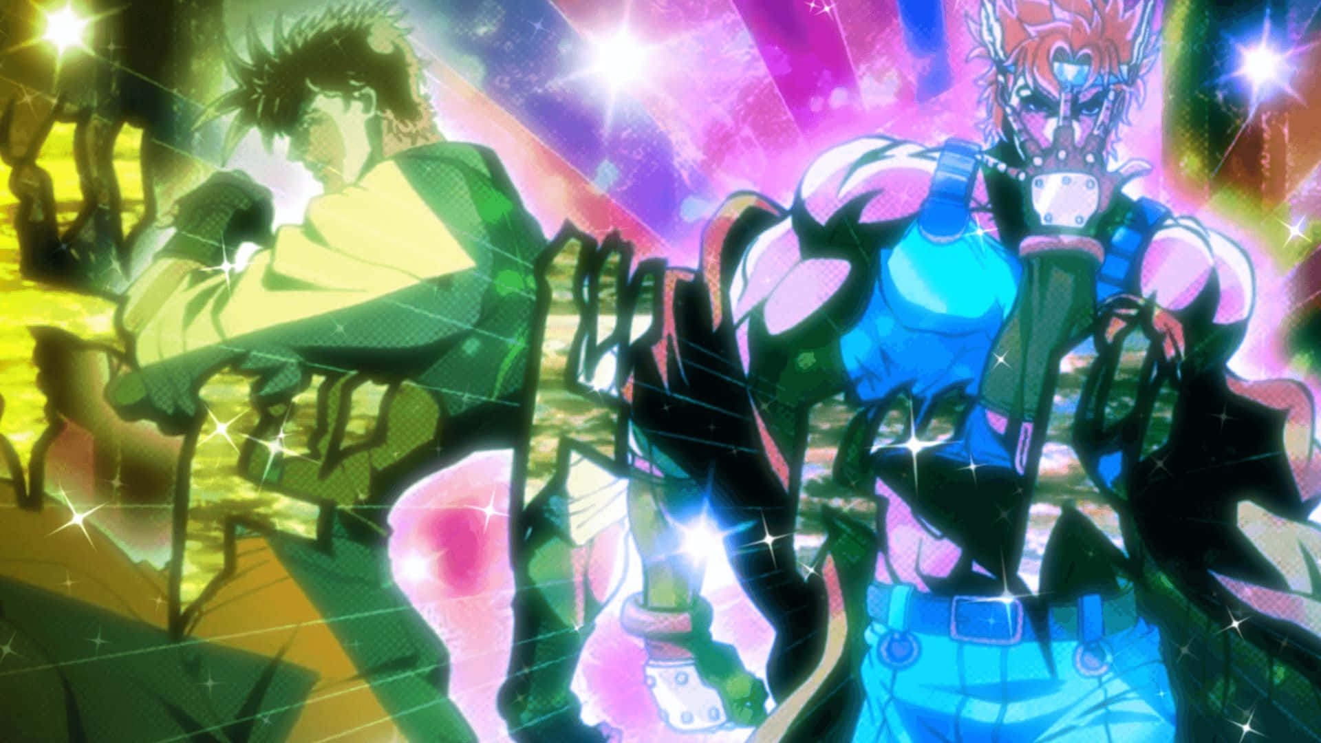 joseph joestar 桌布 壁紙 — 兩個動漫角色在充滿活力的宇宙戰鬥中碰撞，伴隨著發光的能量和閃爍的效果。