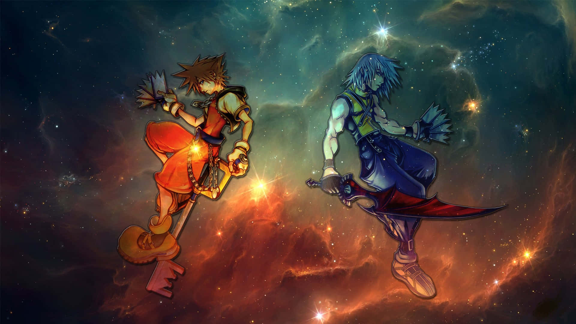 王國之心 桌布 壁紙 — 兩個動漫角色在充滿活力的宇宙星雲中決鬥，周圍有發光的星星和旋轉的氣體雲。