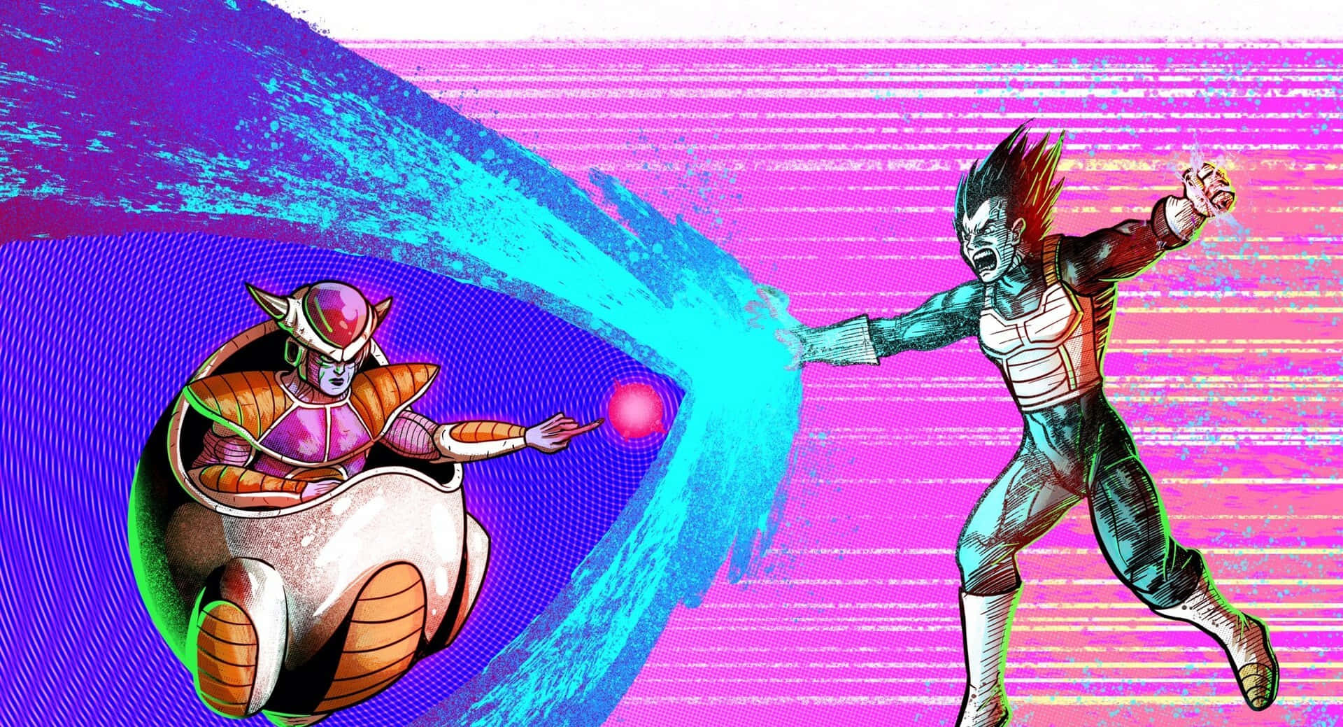 Vegeta And Frieza 桌布 壁紙 — 兩個動漫角色在充滿活力的數位戰鬥中碰撞，發光的能量光束在故障的粉紅色和藍色背景上。
