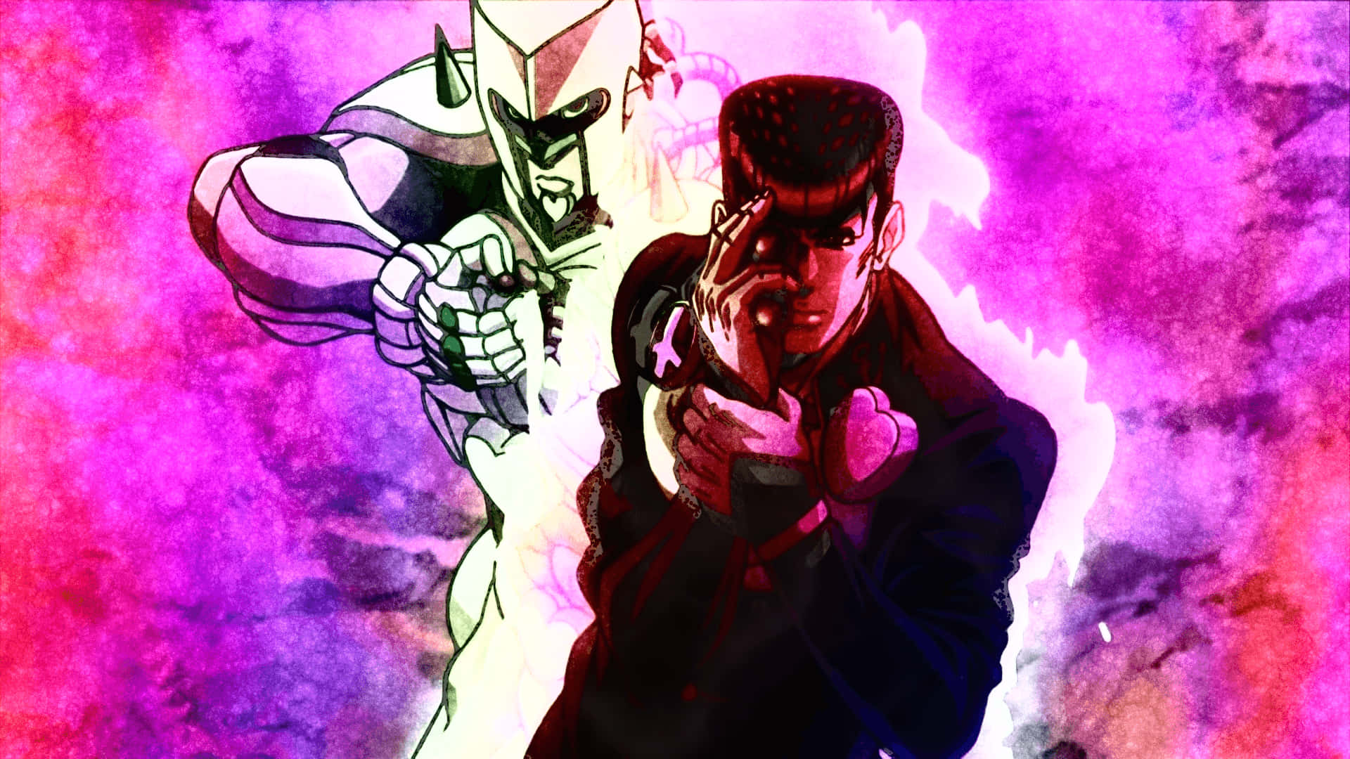 Josuke Higashikata 桌布 壁紙 — 兩個動漫角色在充滿活力的紫色和粉紅色宇宙背景前擺出動態姿勢。