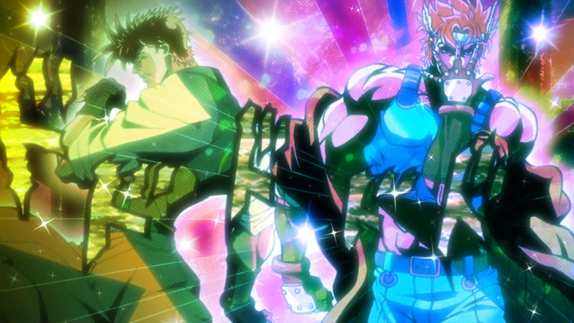 Jjba 桌布 壁紙 — 兩個動漫角色在充滿活力的霓虹燈戰鬥場景中碰撞，帶有閃爍的能量效果和動態姿勢。
