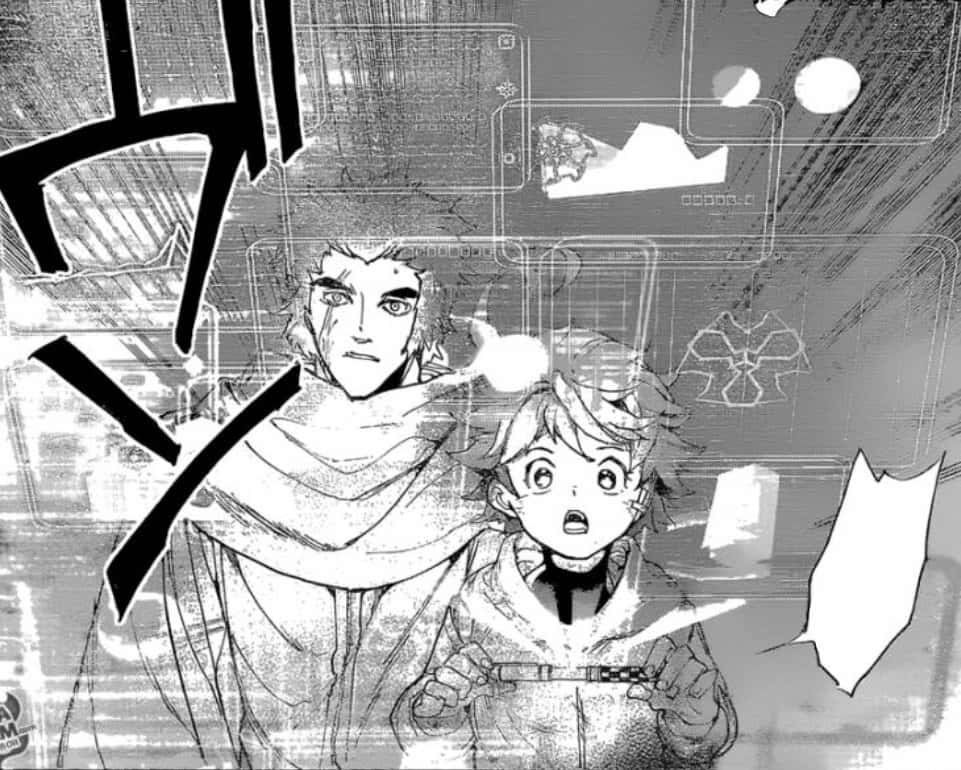 The Promised Neverland Lucas 桌布 壁紙 — 兩個動漫角色在充滿浮動數據面板和醒目音效的混亂數位介面中震驚地反應。