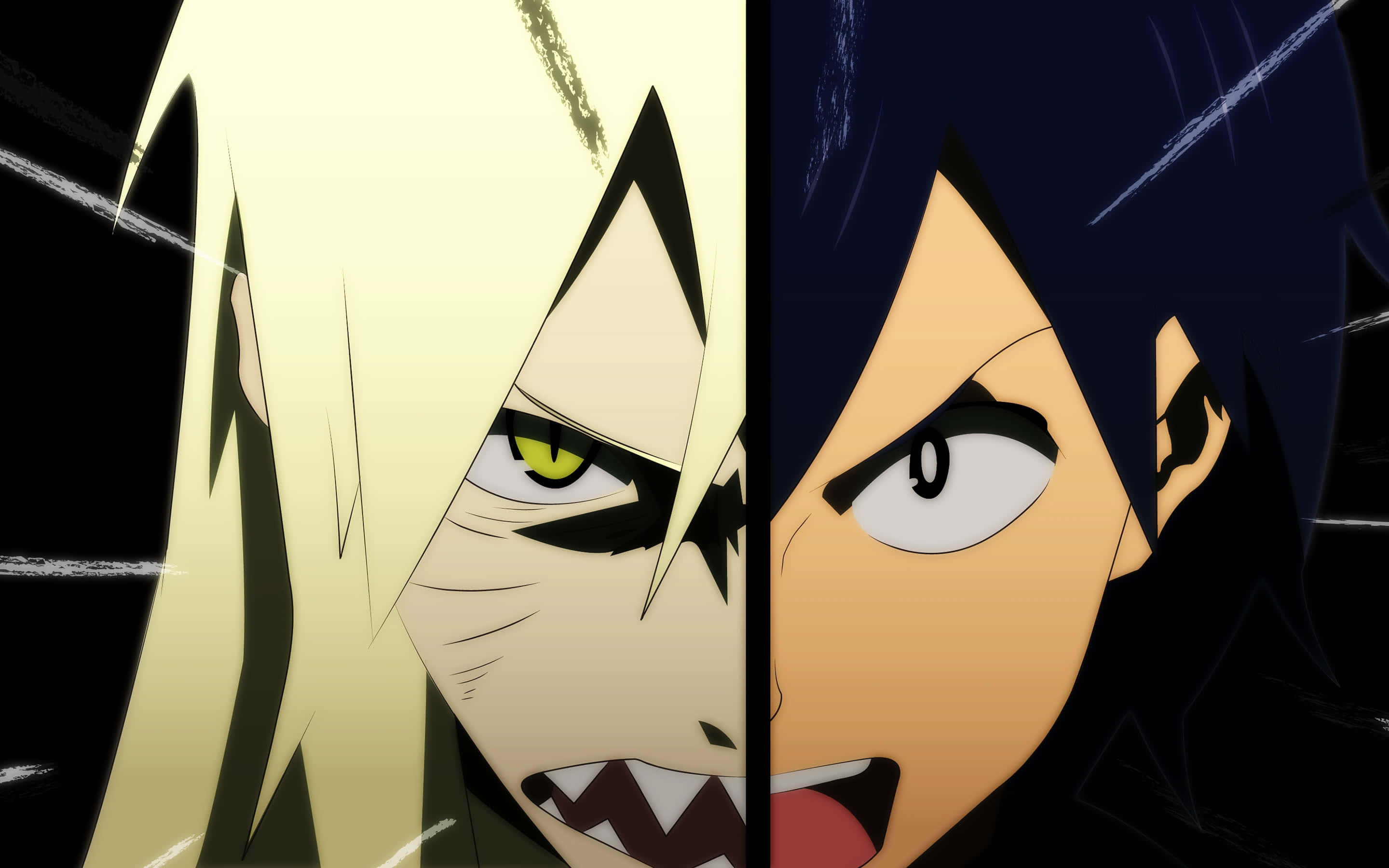 Gurren Lagann Viral 桌布 壁紙 — 兩個動漫角色在分屏對峙中，以銳利的黑線和戲劇性的燈光互相怒視。