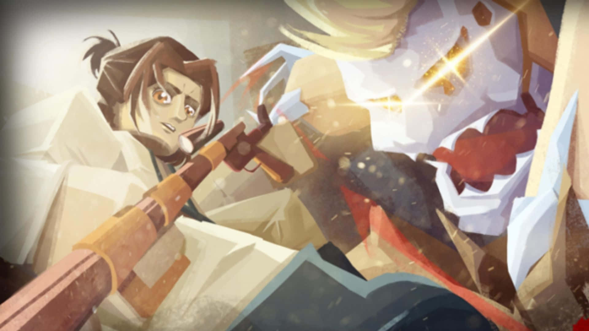 Attack On Titan Video Game 桌布 壁紙 — 兩個動漫角色在動態戰鬥中碰撞，周圍有發光武器和破碎碎片。